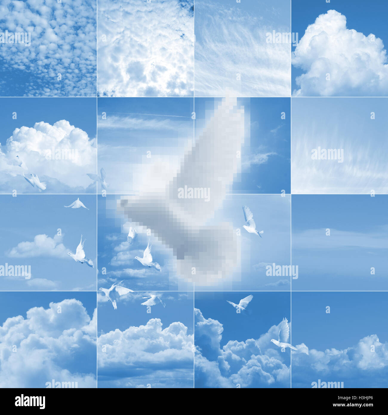 Pixelated une colombe blanche est au-dessus de diverses formes de nuages photographiés mosaïque. Banque D'Images