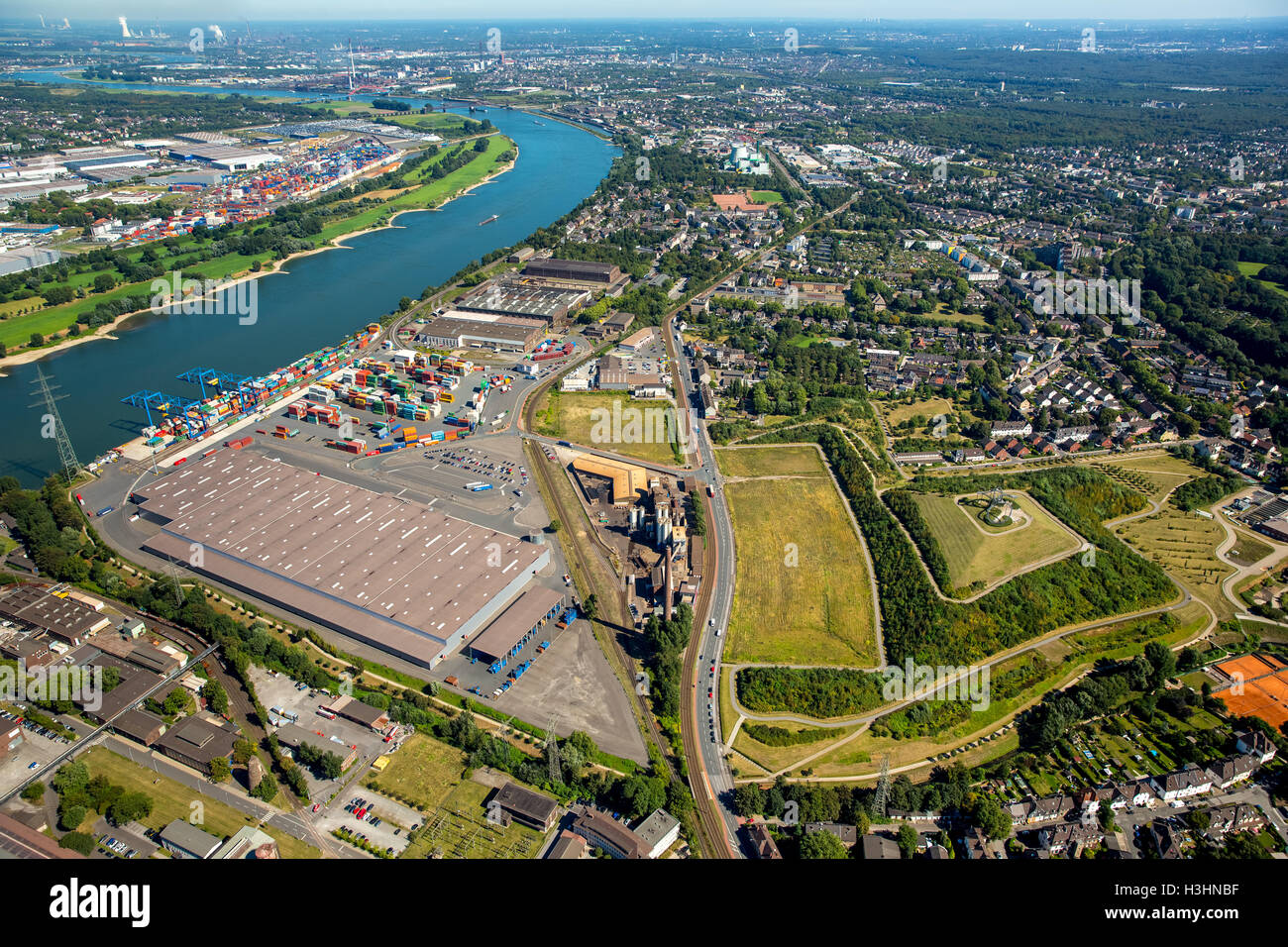 Vue aérienne, terminal à conteneurs, port à conteneurs, Logport II, Duisburg Port Company, du Rhin, de la Ruhr, Duisburg Banque D'Images