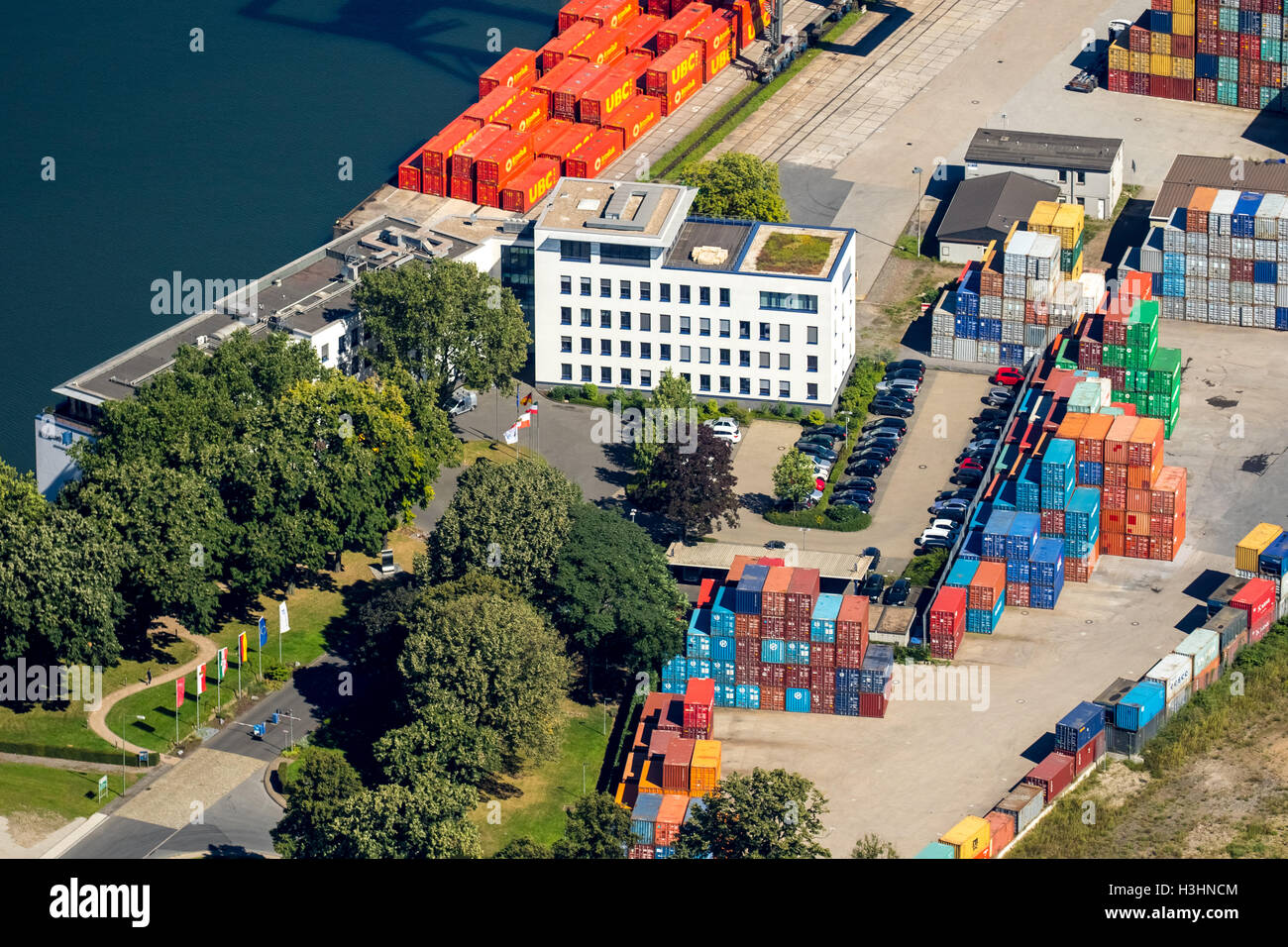 Vue aérienne, Duisport, le plus grand port intérieur d'Europe, Port de Duisburg société, Rhin, de la Ruhr, Duisburg, Banque D'Images