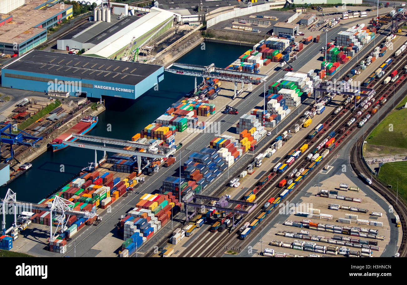 Vue aérienne, Duisport, le plus grand port intérieur d'Europe, Port de Duisburg société, Rhin, de la Ruhr, Duisburg, Banque D'Images