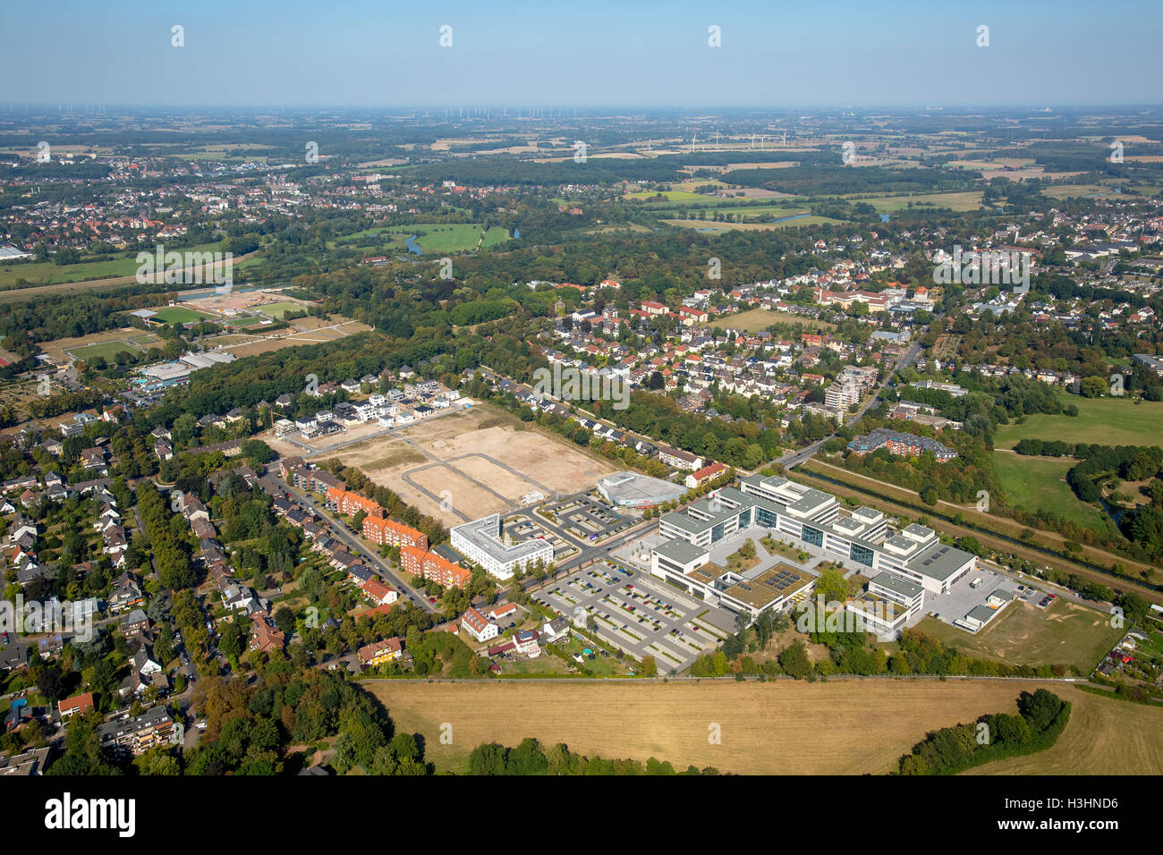 Vue aérienne, université HSHL Hamm-Lippstadt, Hamm, Campus Paracelsuspark, Hamm, Ruhr, Rhénanie du Nord-Westphalie, Allemagne DE Banque D'Images