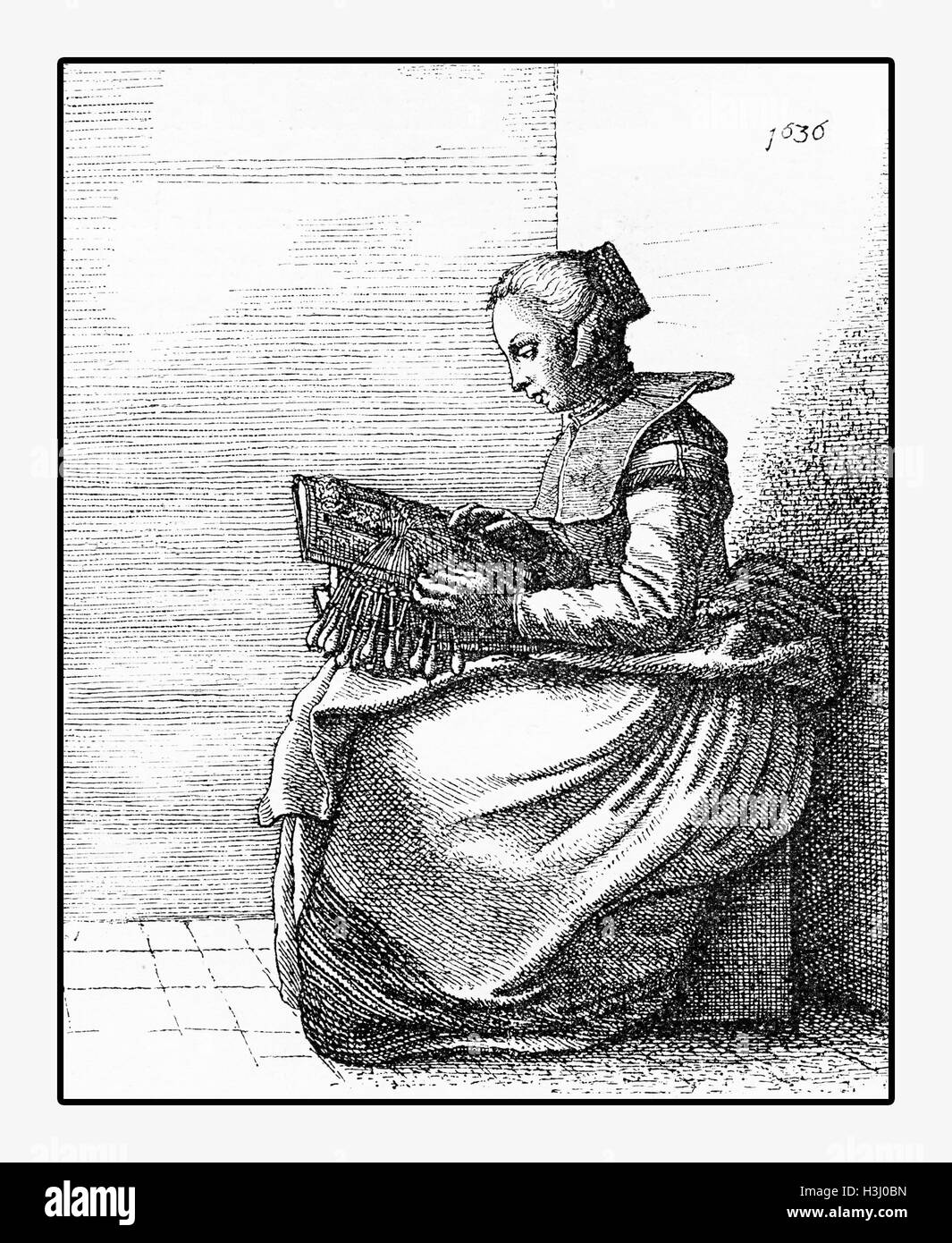 Année 1636 mode et lifestyle, jeune dentelle de canette, gravure de portrait Banque D'Images