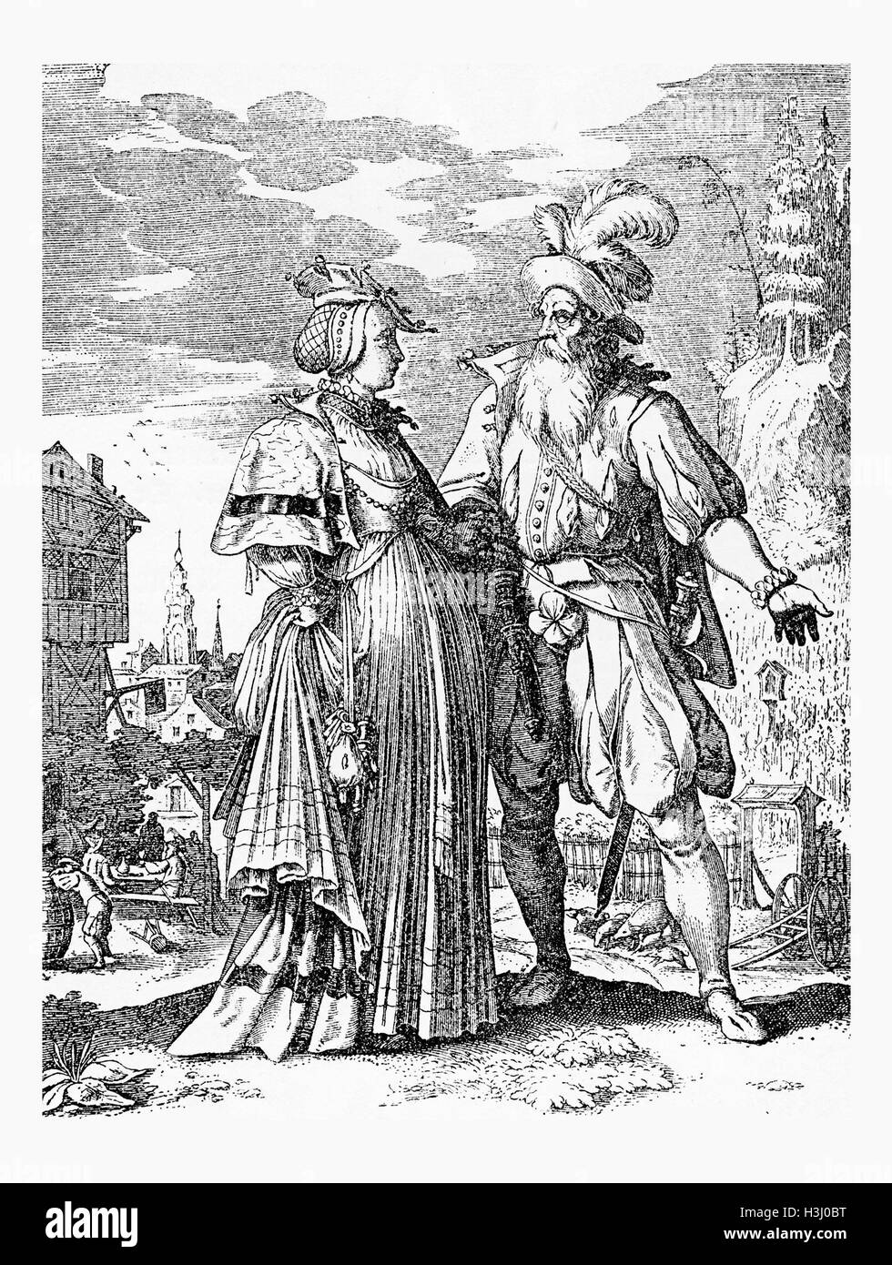 L'allemand costumes, les hommes et les dames portent la fin de XVII siècle Banque D'Images