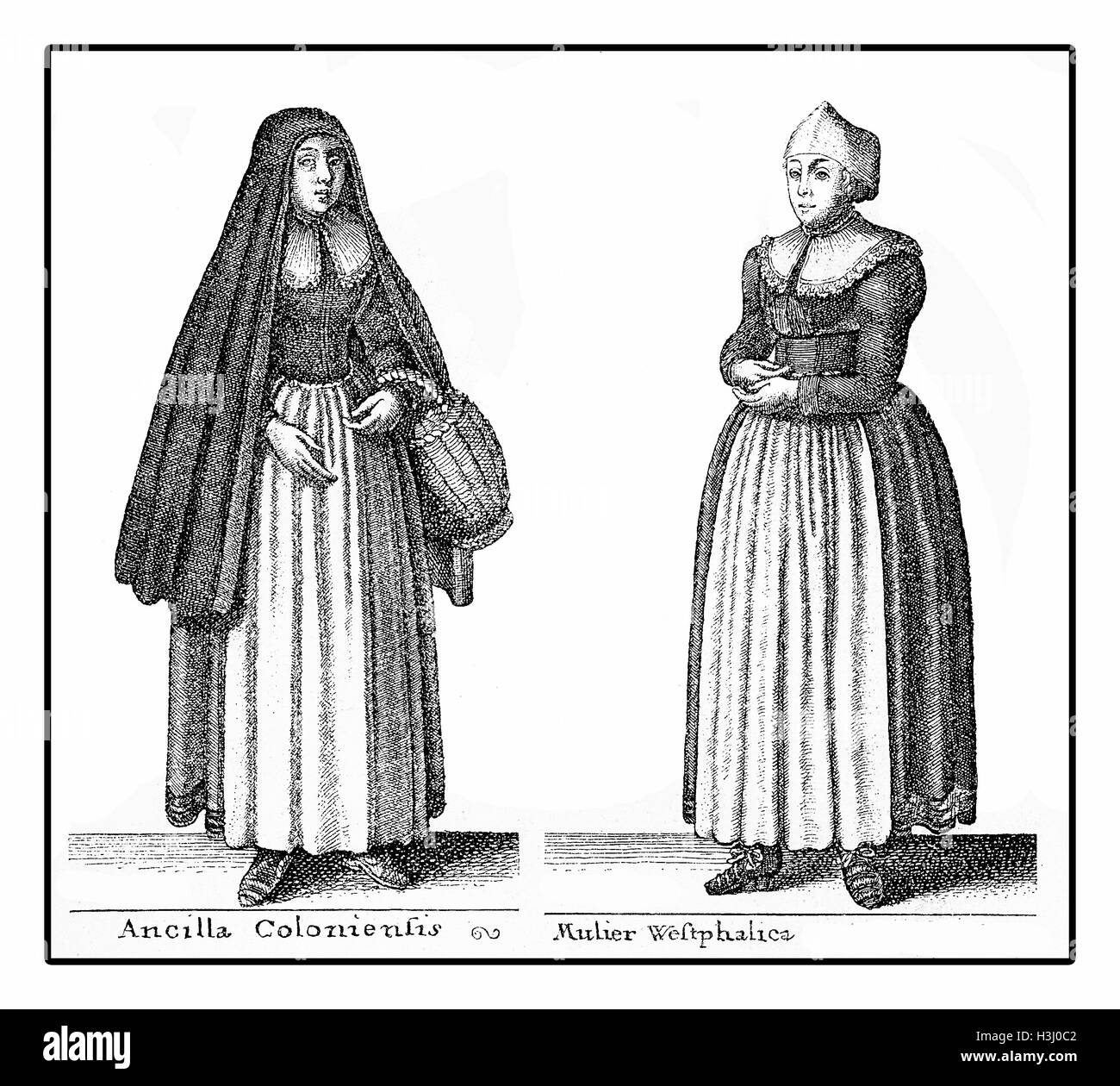 Allemagne, portrait de jeunes femmes à la mode de la classe ouvrière en costumes XVII siècle, gravure d'époque Banque D'Images
