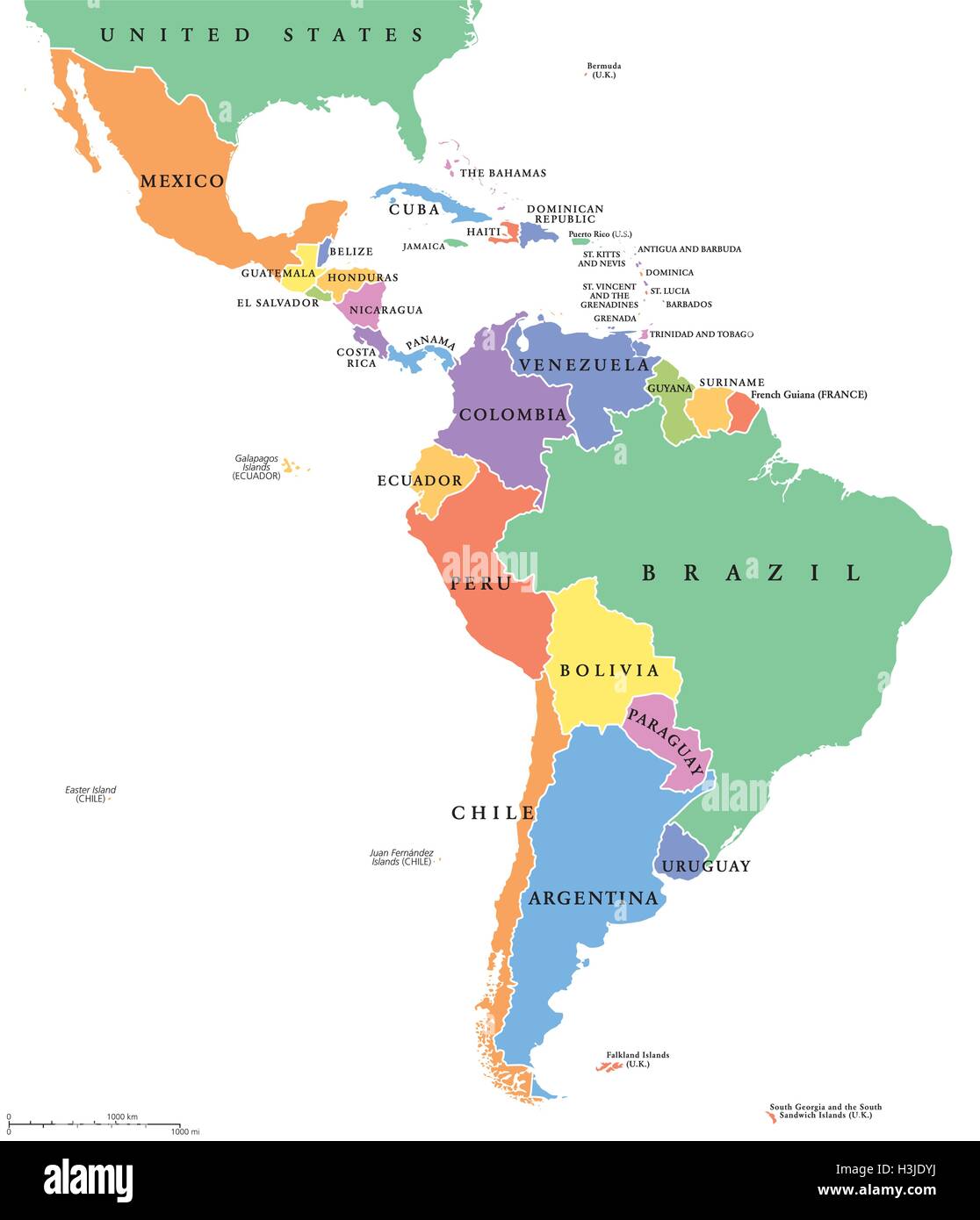 L'Amérique latine seule membres carte politique. Pays de différentes couleurs, avec des frontières nationales et l'anglais les noms de pays. Vector Illustration de Vecteur