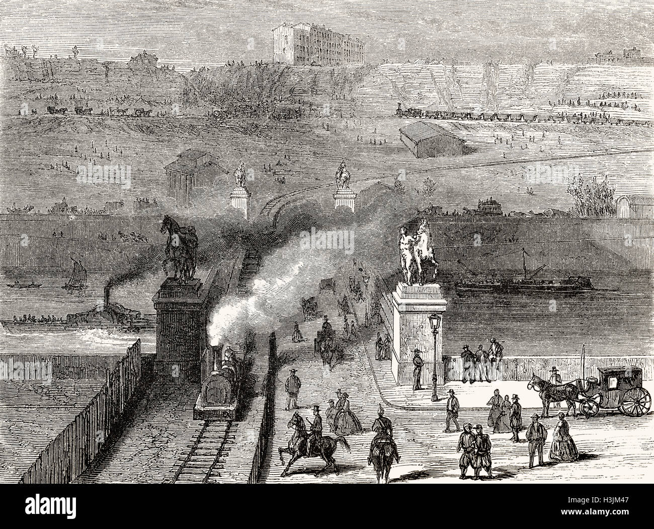 Dégager les Trocadero hill pour construire le Champ de Mars, l'Exposition internationale de 1867, Paris, France, 1866 Banque D'Images