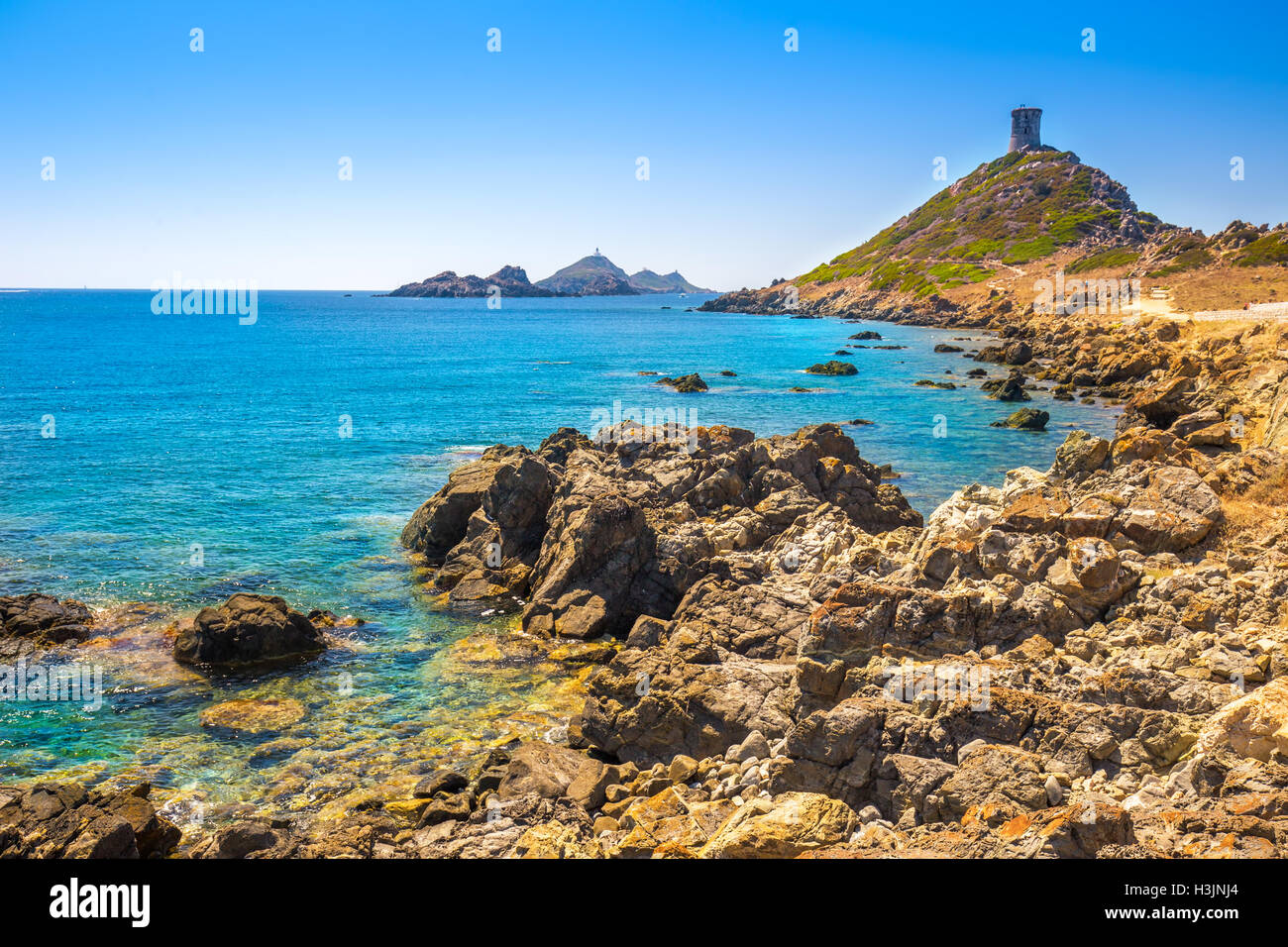Tour Génoise de la Parata presqu'île, Ajaccio, la côte ouest de l'île française de Corse, l'Europe. Banque D'Images