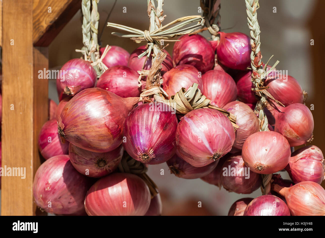 Des tresses d'oignons rouges vendus en Italie dans le marché agricole. Banque D'Images