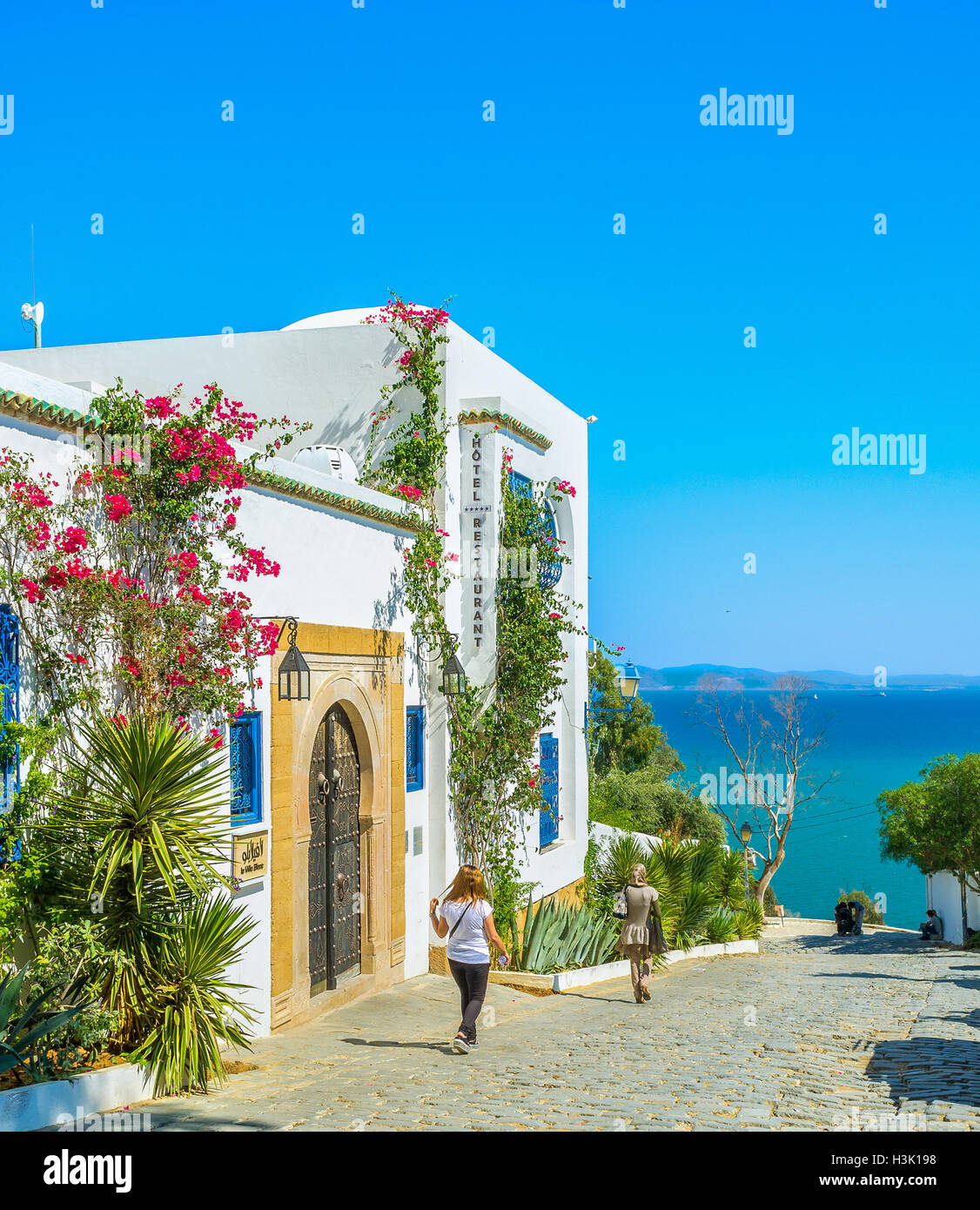 Les villas luxe couverts par des fleurs et une végétation luxuriante à Sidi Bou Said. Banque D'Images