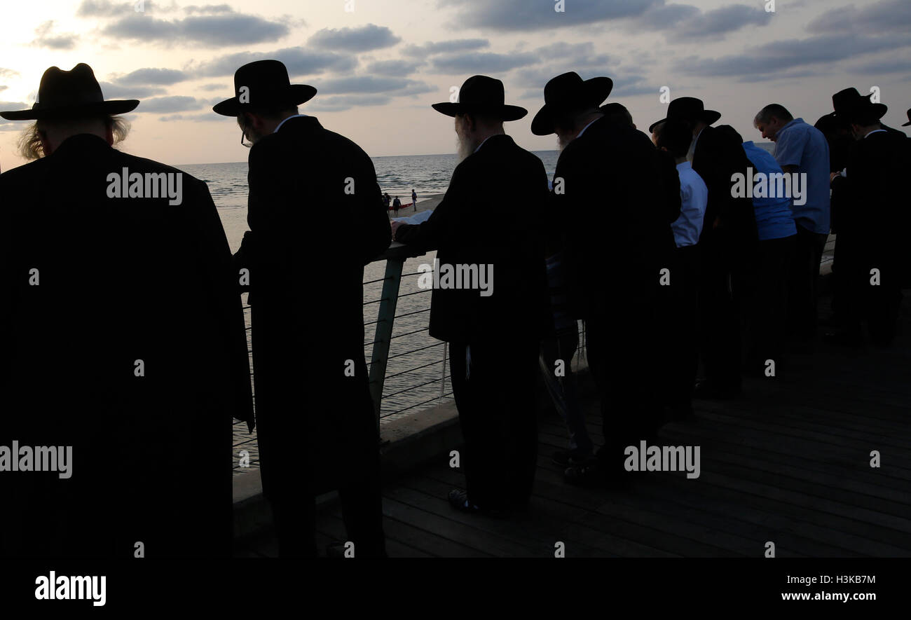 Tel Aviv, Israël. 9 octobre, 2016. Les juifs ultra-orthodoxes prient comme ils participent à Tachlikh sur la rive de la mer Méditerranée à Tel Aviv, Israël, le 9 octobre 2016. Tachlikh est un rituel au cours duquel les croyants avec leurs péchés dans l'eau et des poissons, et il est effectué avant le jour de l'Expiation, ou Yom Kippour, le jour le plus important du calendrier juif. Credit : Gil Cohen Magen/Xinhua/Alamy Live News Banque D'Images