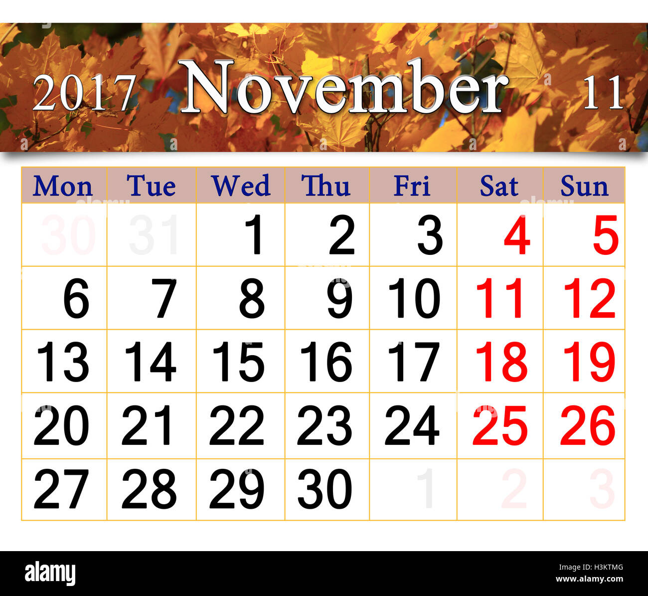 Calendrier de novembre 2017 avec le ruban de feuilles d'érable jaune Banque D'Images