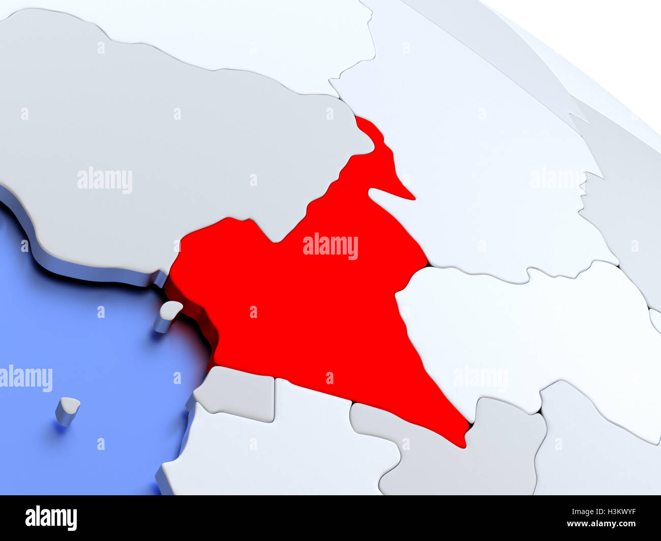 Carte du Cameroun sur argent élégant globe 3D avec océans bleus. 3D illustration Banque D'Images