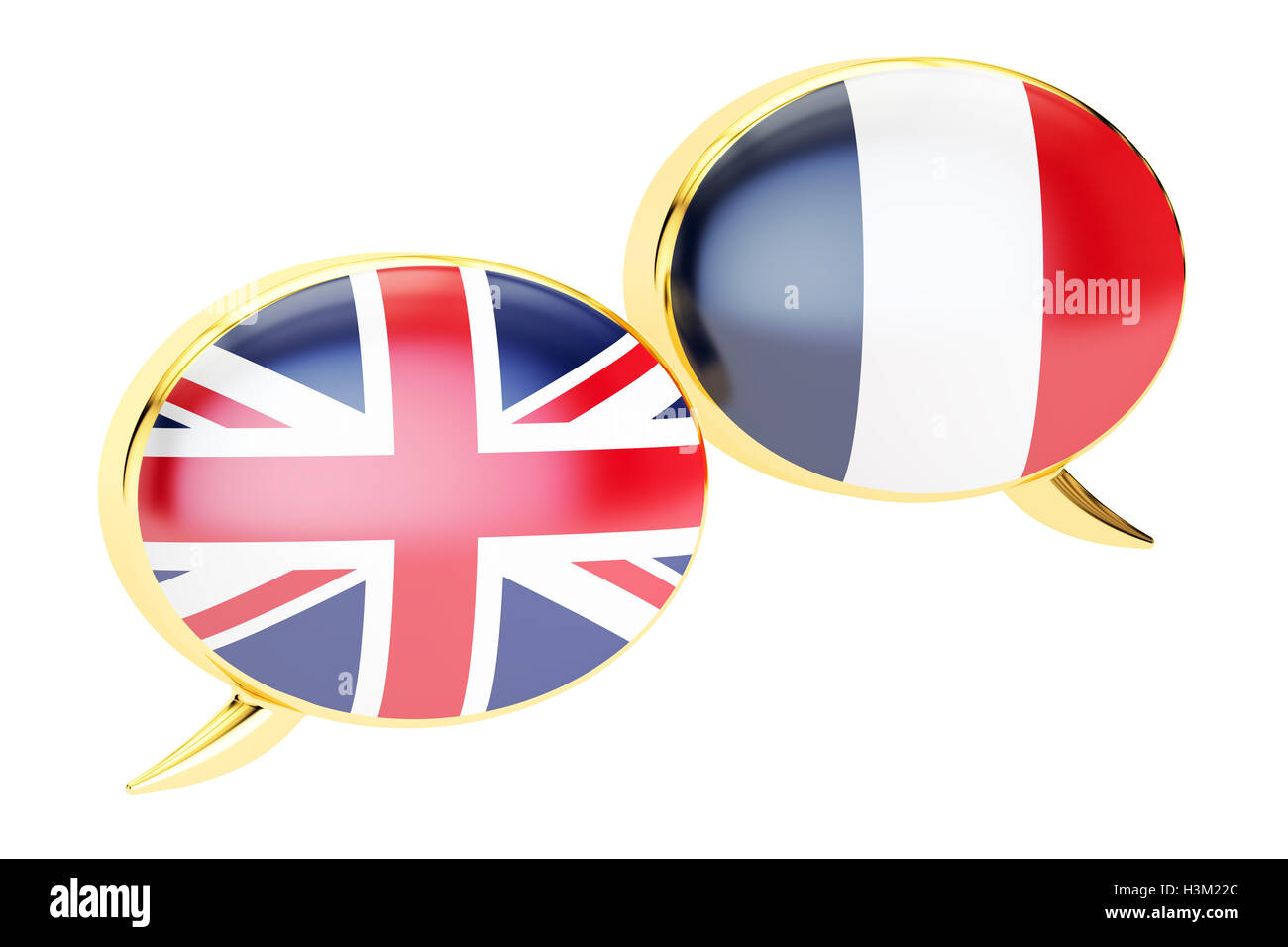 Conversation anglais-français, rendu 3D concept isolé sur fond blanc Banque D'Images