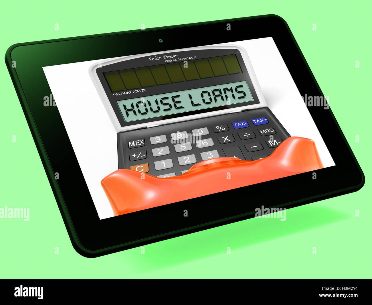 Chambre Calculatrice prêts hypothécaires montre tablette et les prêts bancaires Banque D'Images
