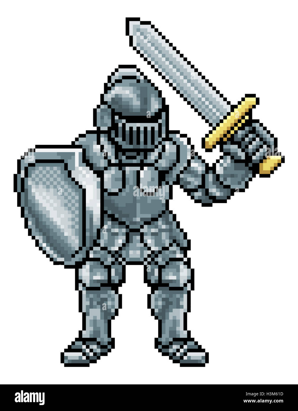 Knight personnage en pixel art style dans son armure tenant une épée et un bouclier Banque D'Images