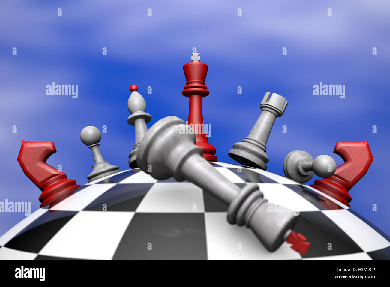 Cadre symbolique (troubles politiques). Chess sur le globe d'échecs. 3D render. Disponible en haute résolution et de plusieurs tailles. Banque D'Images