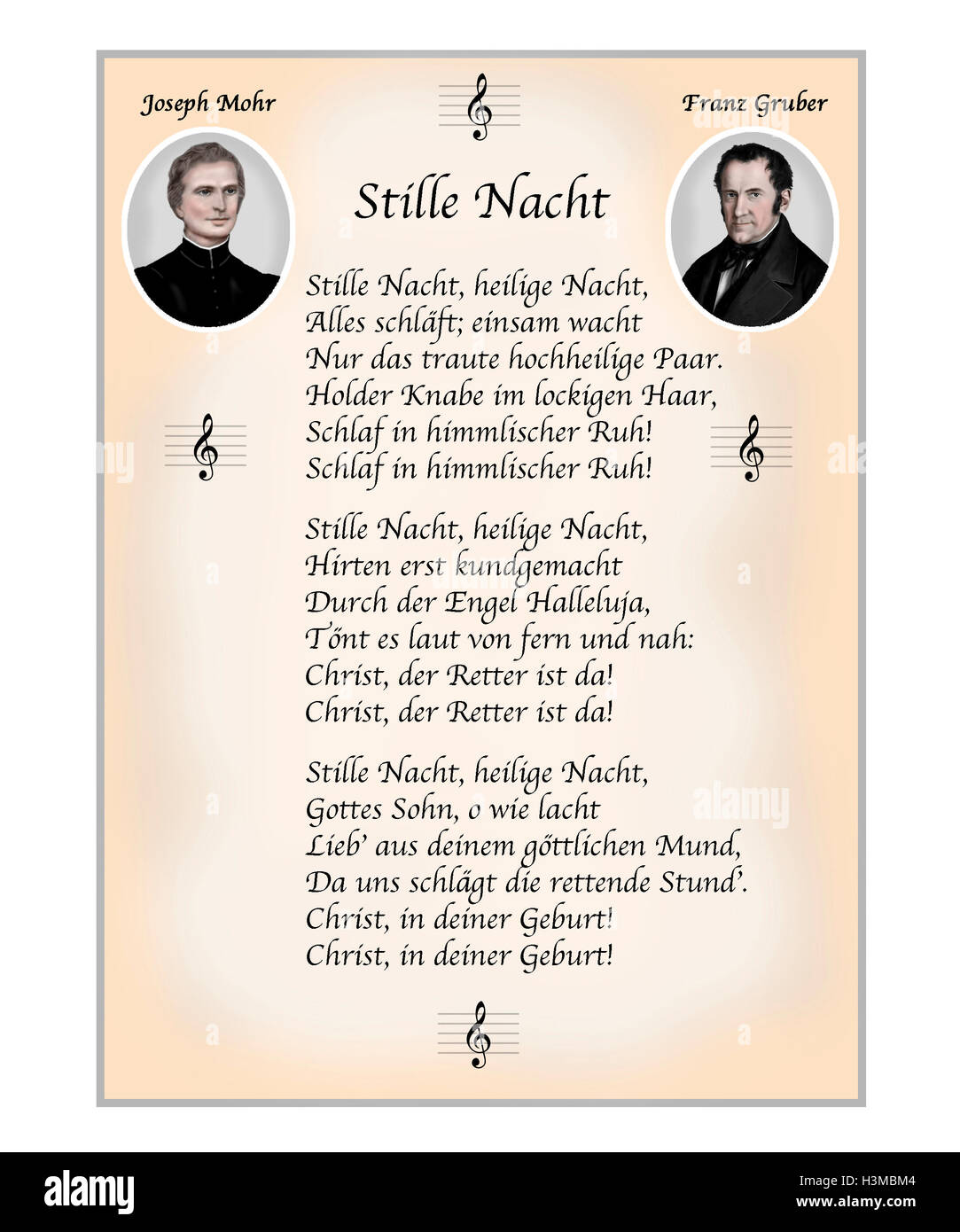 Stille Nacht. Texte allemand. Deutscher Text. Illustration moderne avec des portraits du poète Joseph Mohr et compositeur Franz Gruber Banque D'Images