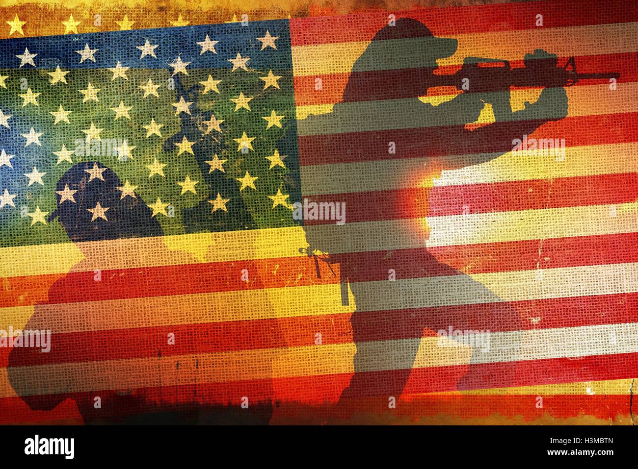 Drapeau de l'armée américaine Concept avec silhouettes soldat. US Army. Banque D'Images