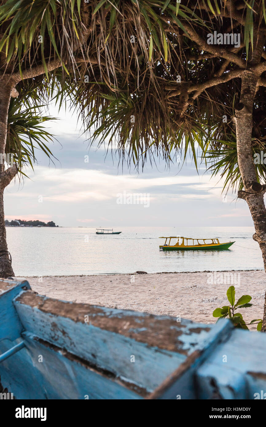 Vue sur mer et bateaux entre arbres, Gili Meno, Lombok, Indonésie Banque D'Images