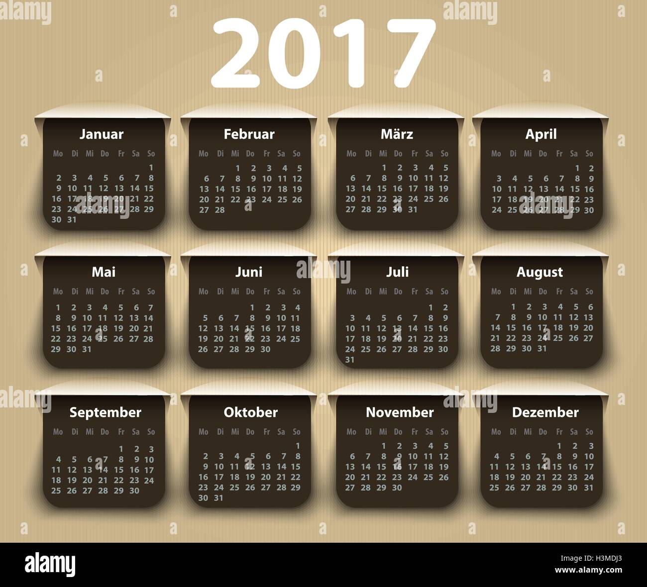 L'année 2017 Calendrier allemand. La semaine commençant le lundi Illustration de Vecteur