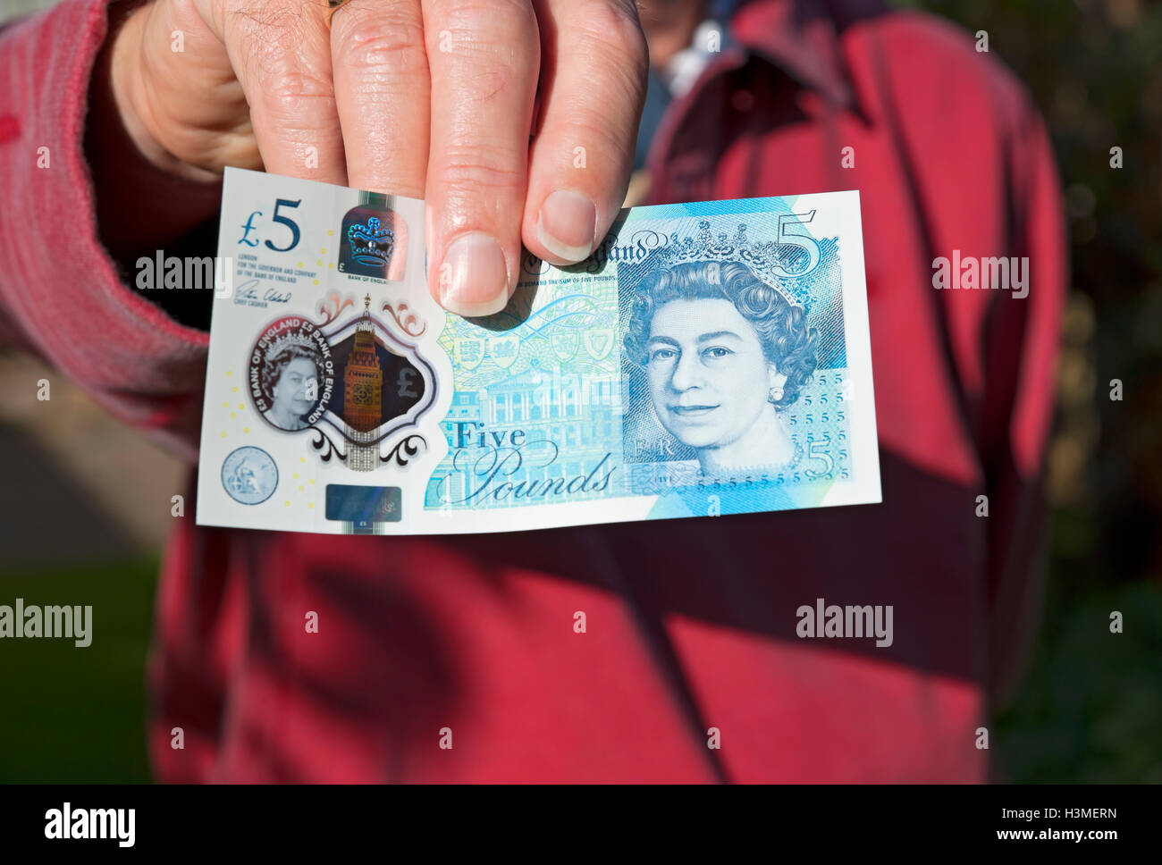 Gros plan de la personne homme tenant un nouveau polymère cinq livres livres £ 5 billet d'argent anglais billet de banque cash Angleterre Royaume-Uni GB Grande-Bretagne Banque D'Images