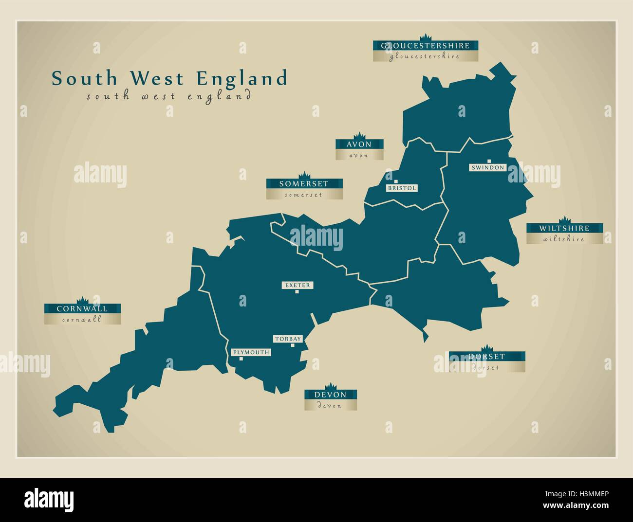 Carte moderne - South West England UK Illustration de Vecteur