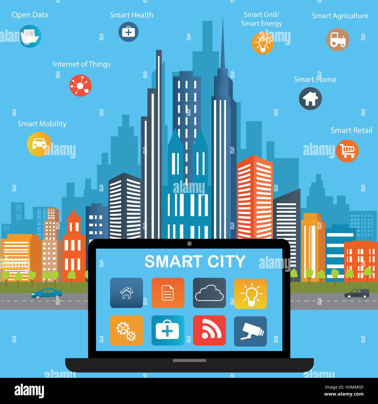 Le concept de ville intelligente avec icône différente et éléments. Conception de la ville moderne avec la technologie de l'avenir de la vie. Illustration de Vecteur