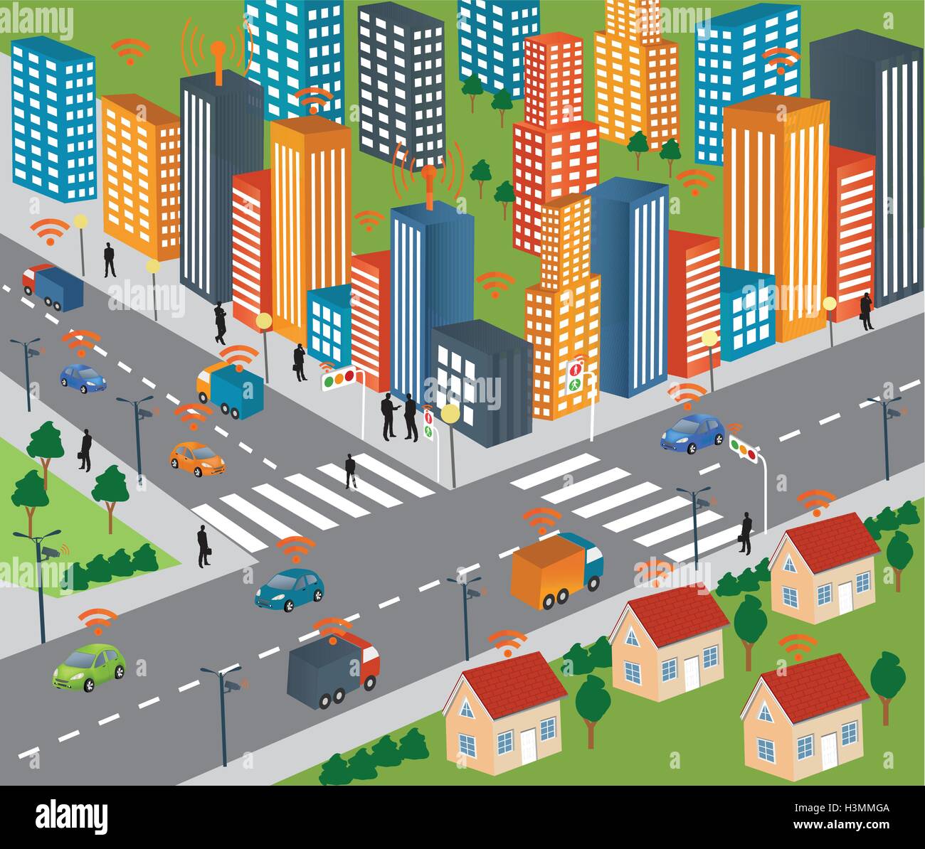 Le concept de ville intelligente et le réseau sans fil de conception de la ville moderne du véhicule avec la technologie de l'avenir de la vie. Illustration de Vecteur