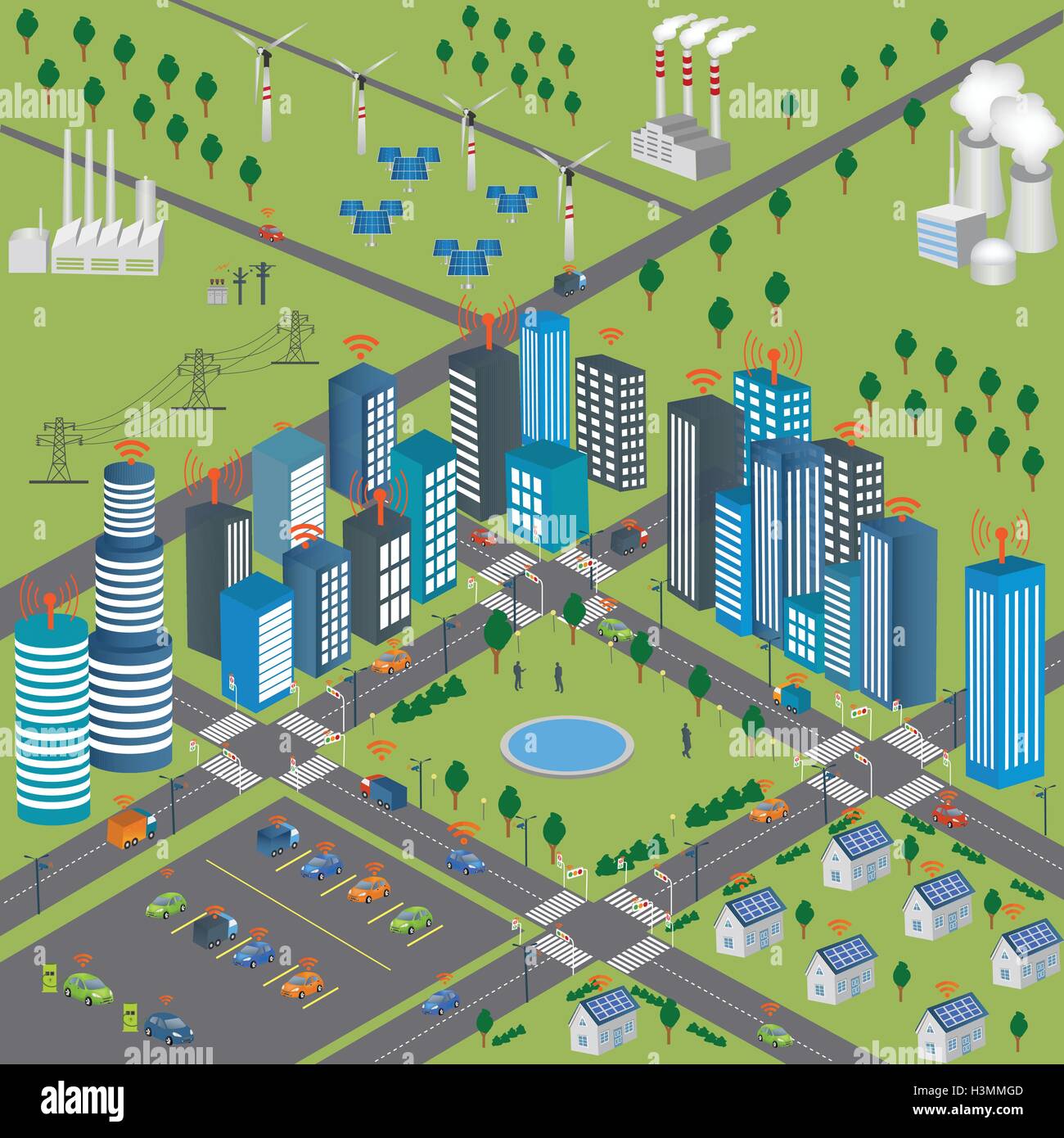 Concept Smart Grid et smart grid industriels périphériques d'un réseau connecté. L'énergie renouvelable et de la technologie Smart Grid Illustration de Vecteur