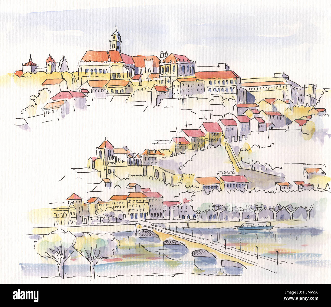 Aquarelle Paysage avec une ville historique et le pont Banque D'Images