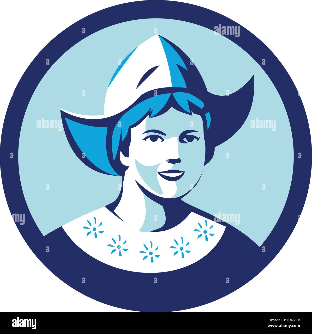 Illustration d'un Dutch Lady portant chapeau traditionnel néerlandais néerlandais ou bonnet qui ressemblent à l'infirmière au hat face à l'avant fixé à l'intérieur du cercle fait en style rétro. Illustration de Vecteur