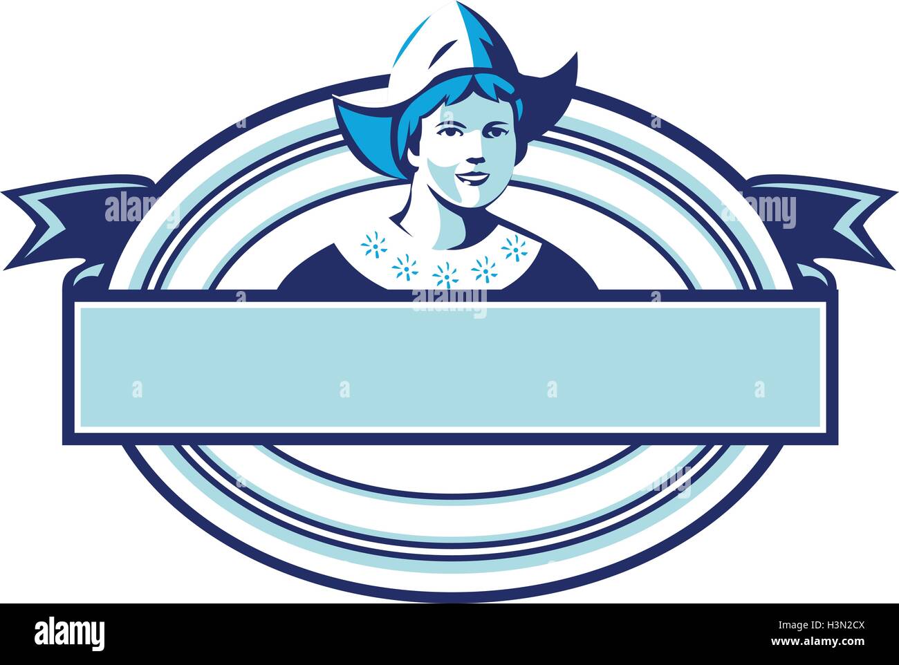 Illustration d'un Dutch Lady portant chapeau traditionnel néerlandais néerlandais ou bonnet qui ressemblent à l'infirmière au hat face à l'avant fixé à l'intérieur de la forme ovale avec le ruban fait en style rétro. Illustration de Vecteur