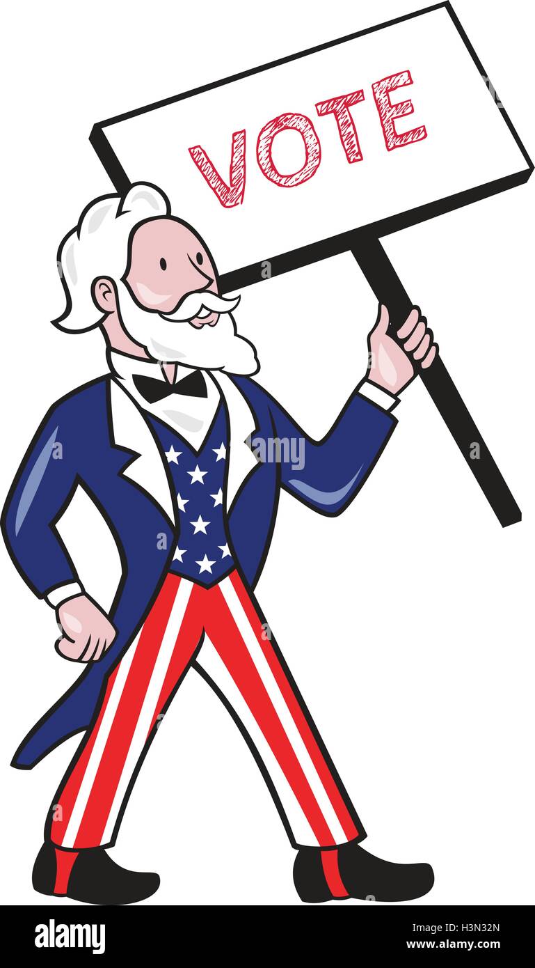 Illustration de l'Oncle Sam porter american stars and stripes suit l'article à la recherche sur le côté de l'étiquette avec le mot holding VOTE vue de l'avant ensemble isolées sur fond blanc fait dans un style de dessin animé. Illustration de Vecteur