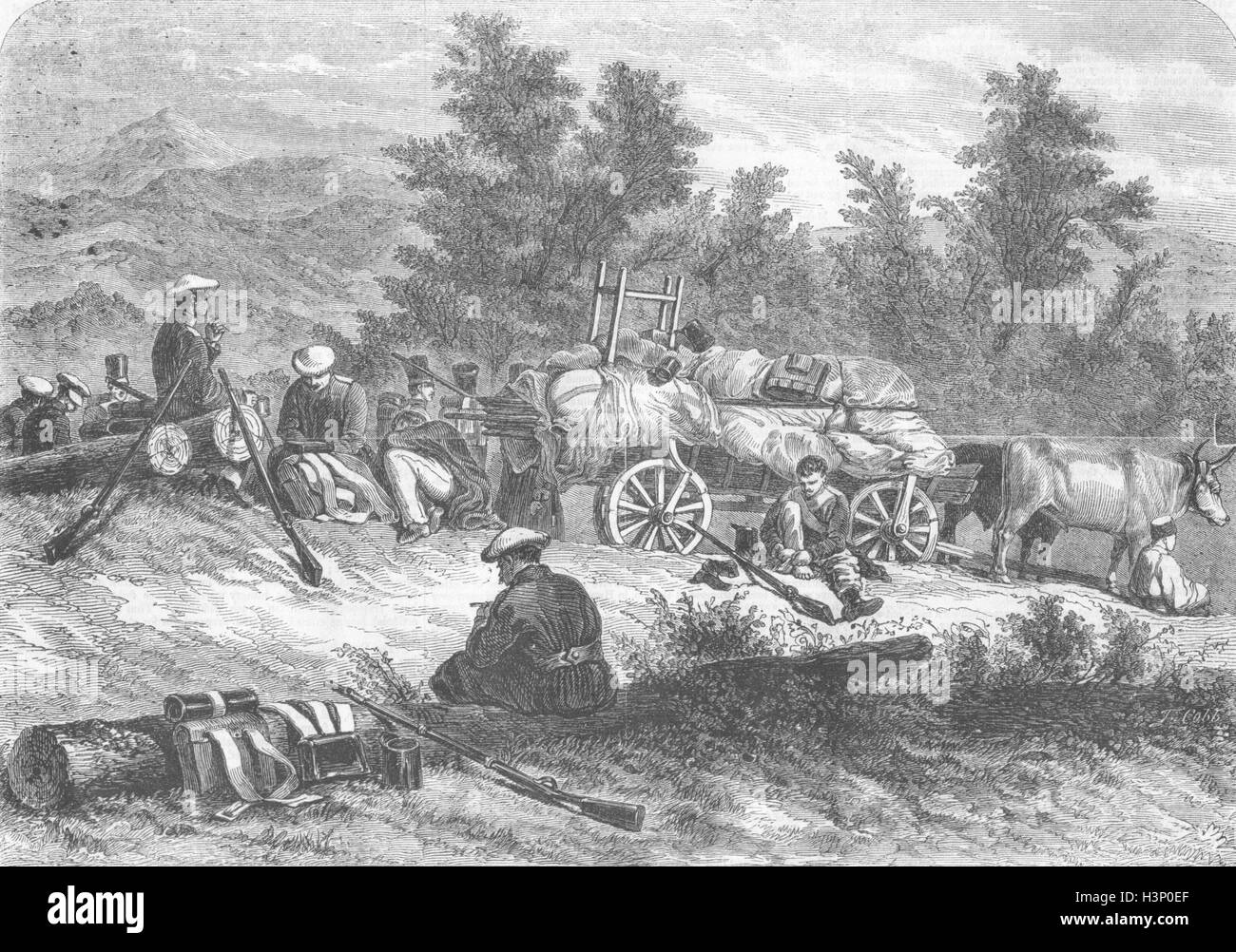 Convoi russe des transports sur l'arrêt 1855. Illustrated Times Banque D'Images
