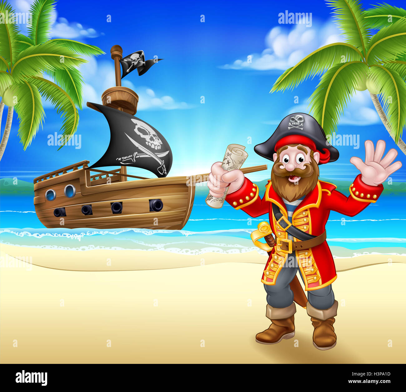 Un Dessin De Pirate Sur Une Plage Avec Une Carte Au Trésor