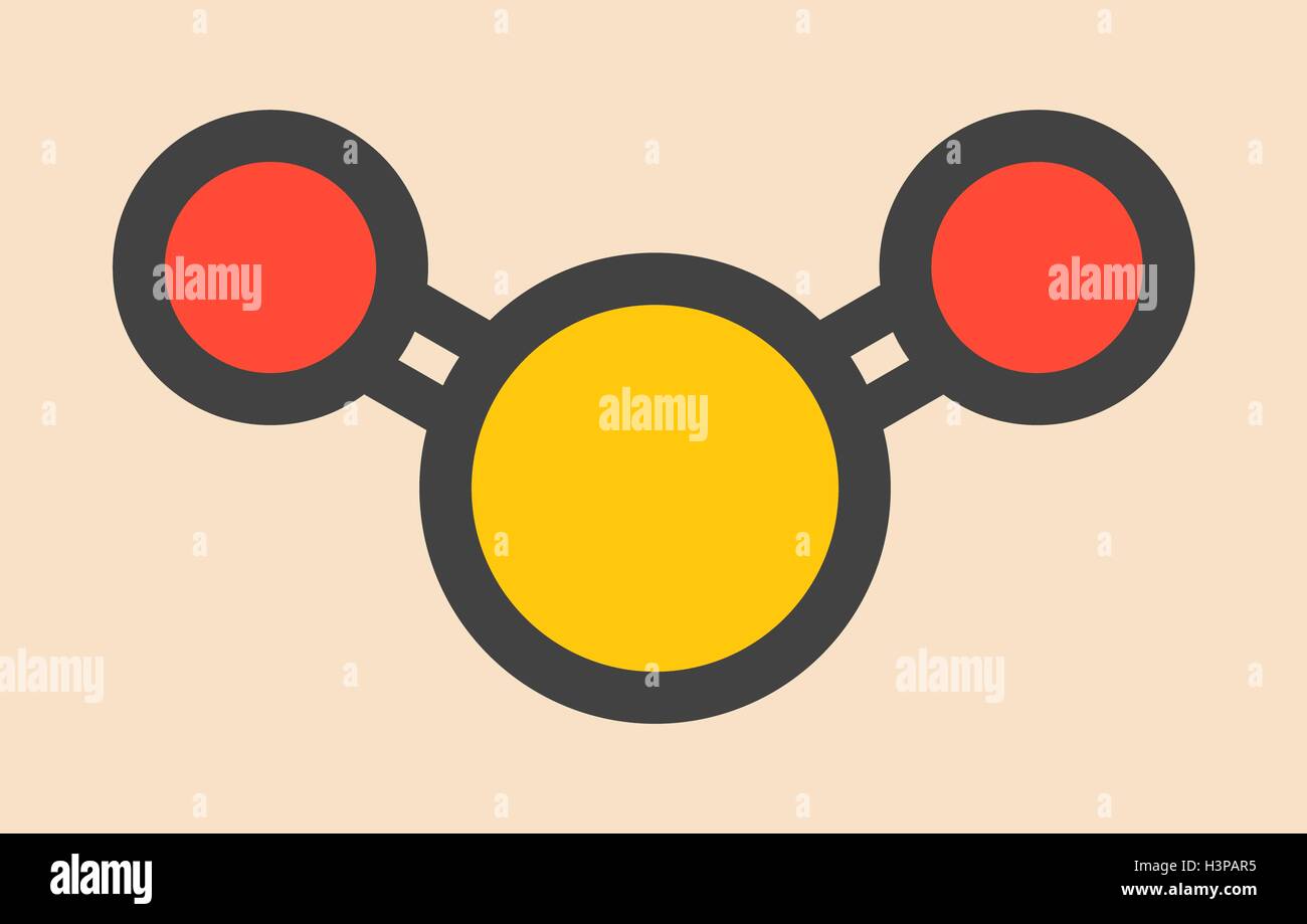 Molécule de conservation alimentaire de dioxyde de soufre (E220). Également utilisé en vinification et responsable de sulfites dans le vin. Formule topologique stylisé (structure chimique). Les atomes sont représentés par des cercles de couleur : soufre (jaune), l'oxygène (rouge). Banque D'Images