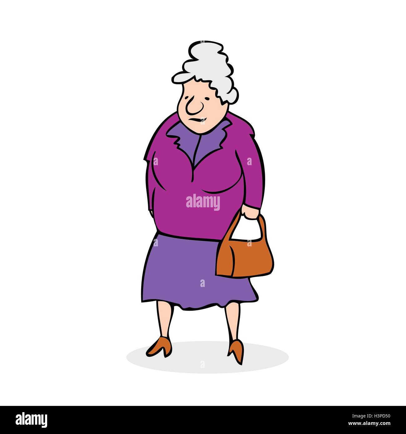 Vieille Femme drôle avec sac. Grand-mère marche à pied. Cartoon vector illustration en couleur sur fond blanc Illustration de Vecteur