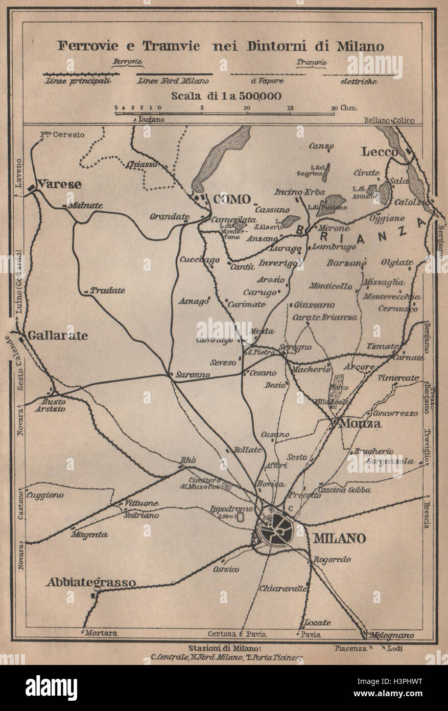 NEI DINTORNI TRAMWAYS FERROVIE E DI MILANO. Chemins de Côme Lecco Monza 1903 map Banque D'Images