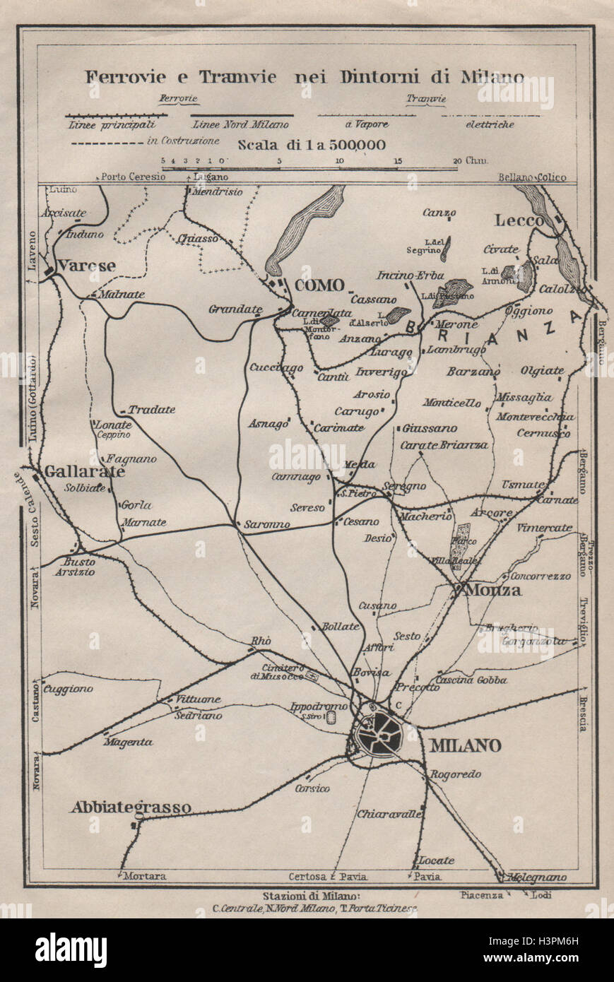 NEI DINTORNI TRAMWAYS FERROVIE E DI MILANO. Chemins de Côme Lecco Monza 1906 map Banque D'Images