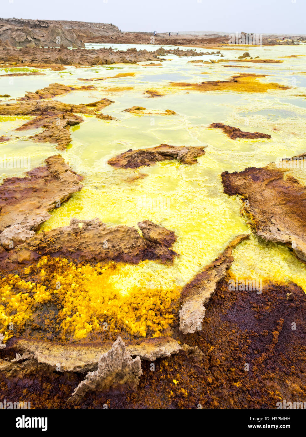 Lac de soufre dépression Danakil, Dallol en Ethiopie. Le lac avec ses Sulphur Springs est le meilleur endroit sur Terre. Banque D'Images