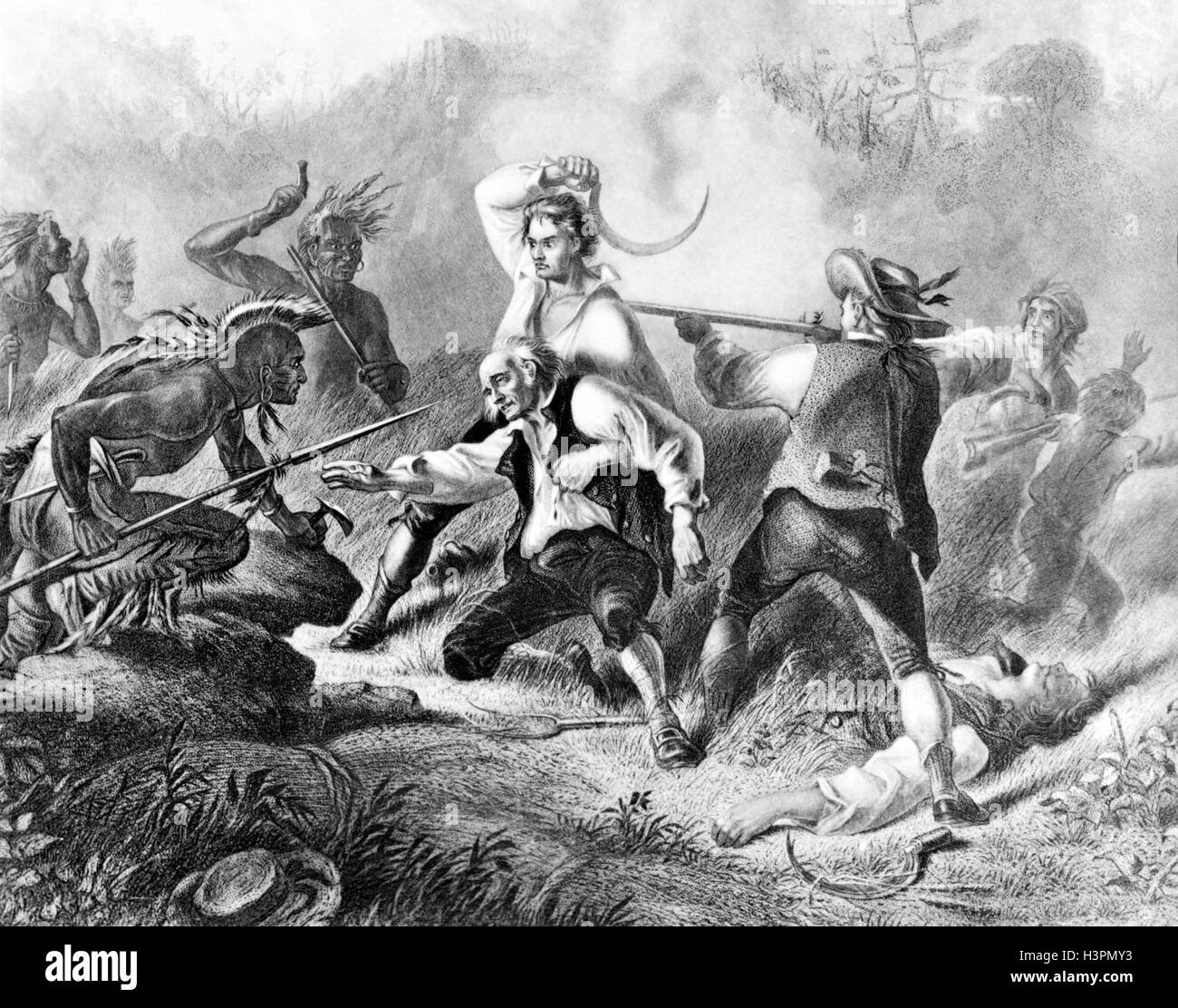 1770 Massacre d'INDIENS ILLUSTRATION WYOMING VALLEY EN PENNSYLVANIE LE 3 JUILLET 1778 IROQUOIS et les colons de la guerre révolutionnaire Banque D'Images