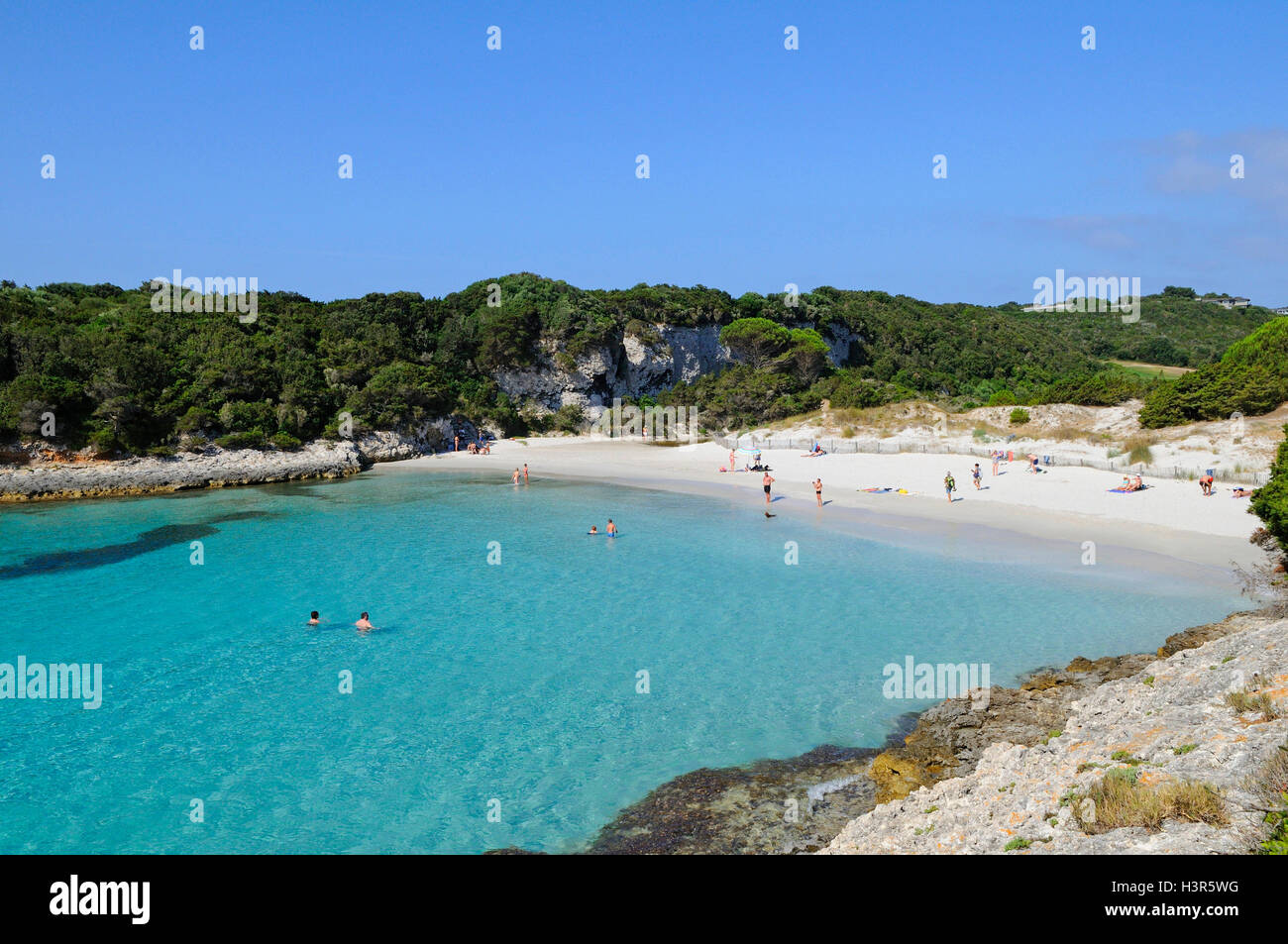 Quelques syndicats détente sur beau petit Sperone plage, Corse, France Banque D'Images