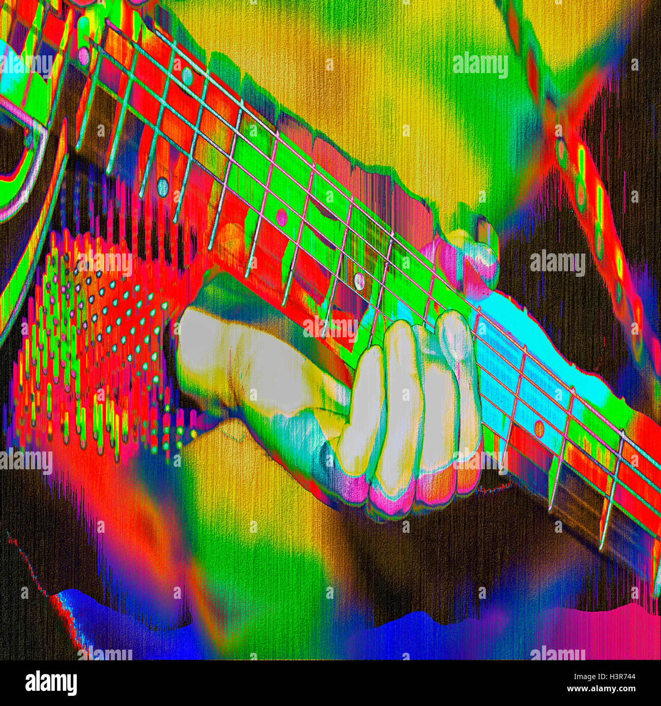 Les joueurs de guitare main sur le manche de l'instrument fait dans un style d'illustration psychédélique coloré, en format carré Banque D'Images