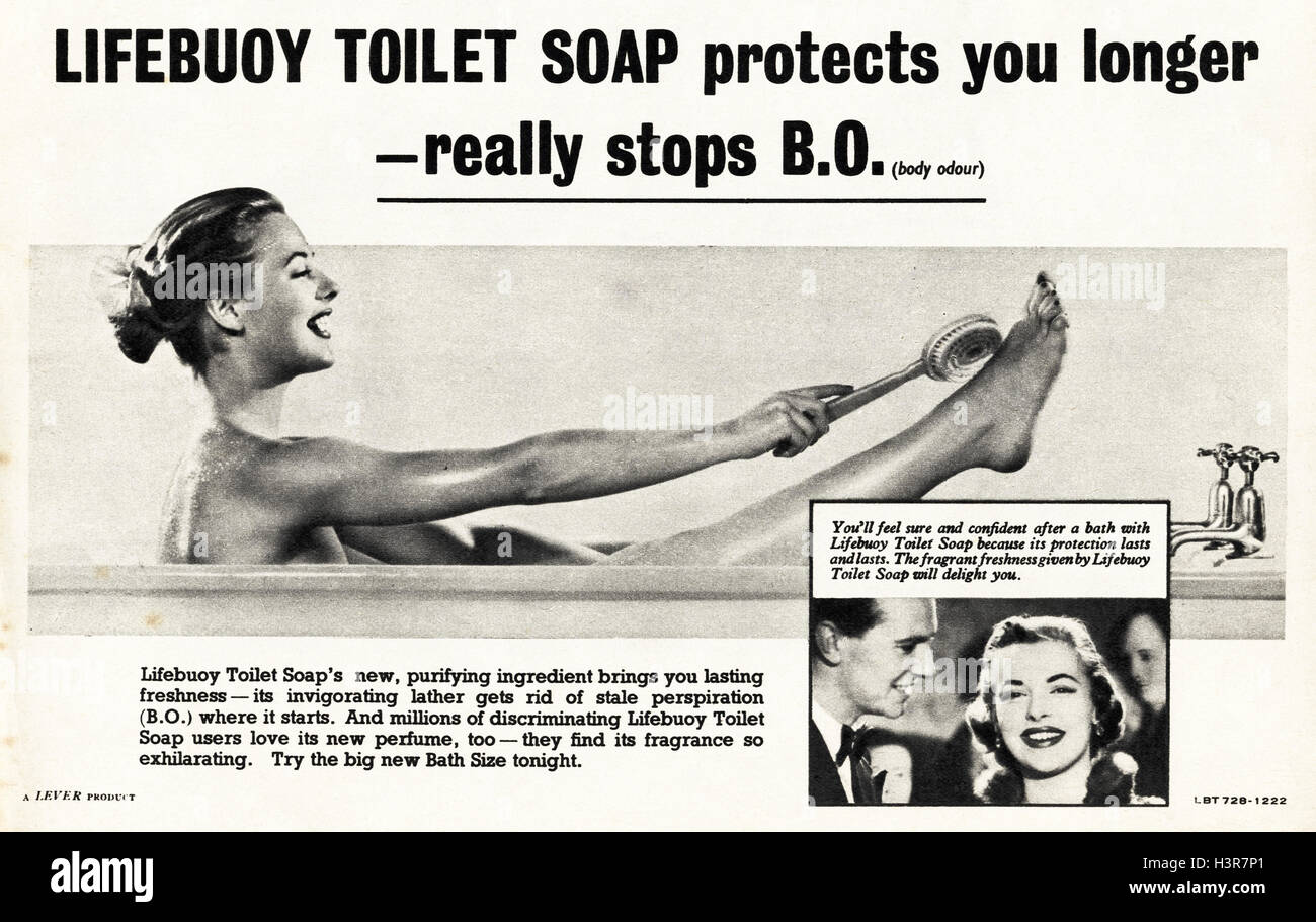 1950 annonce publicitaire de l'original old vintage magazine daté 1952 publicité pour les bouées de savon de toilette qui arrête BO odeur de corps Banque D'Images