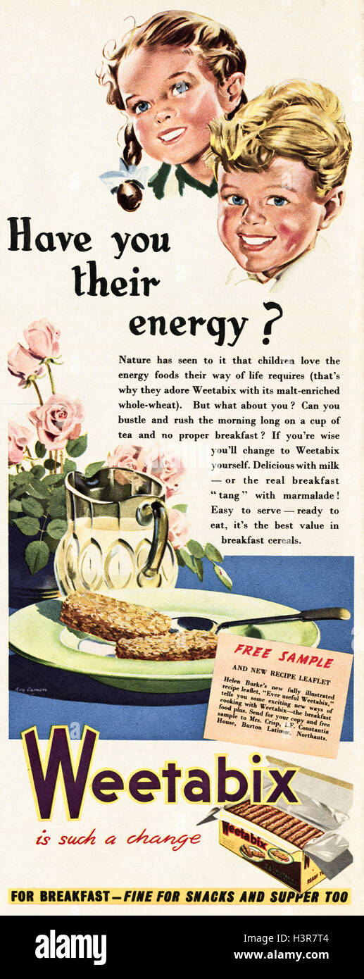 1950 annonce publicitaire de l'original old vintage magazine daté 1952 Publicité pour Weetabix pour petit-déjeuner & collations Banque D'Images