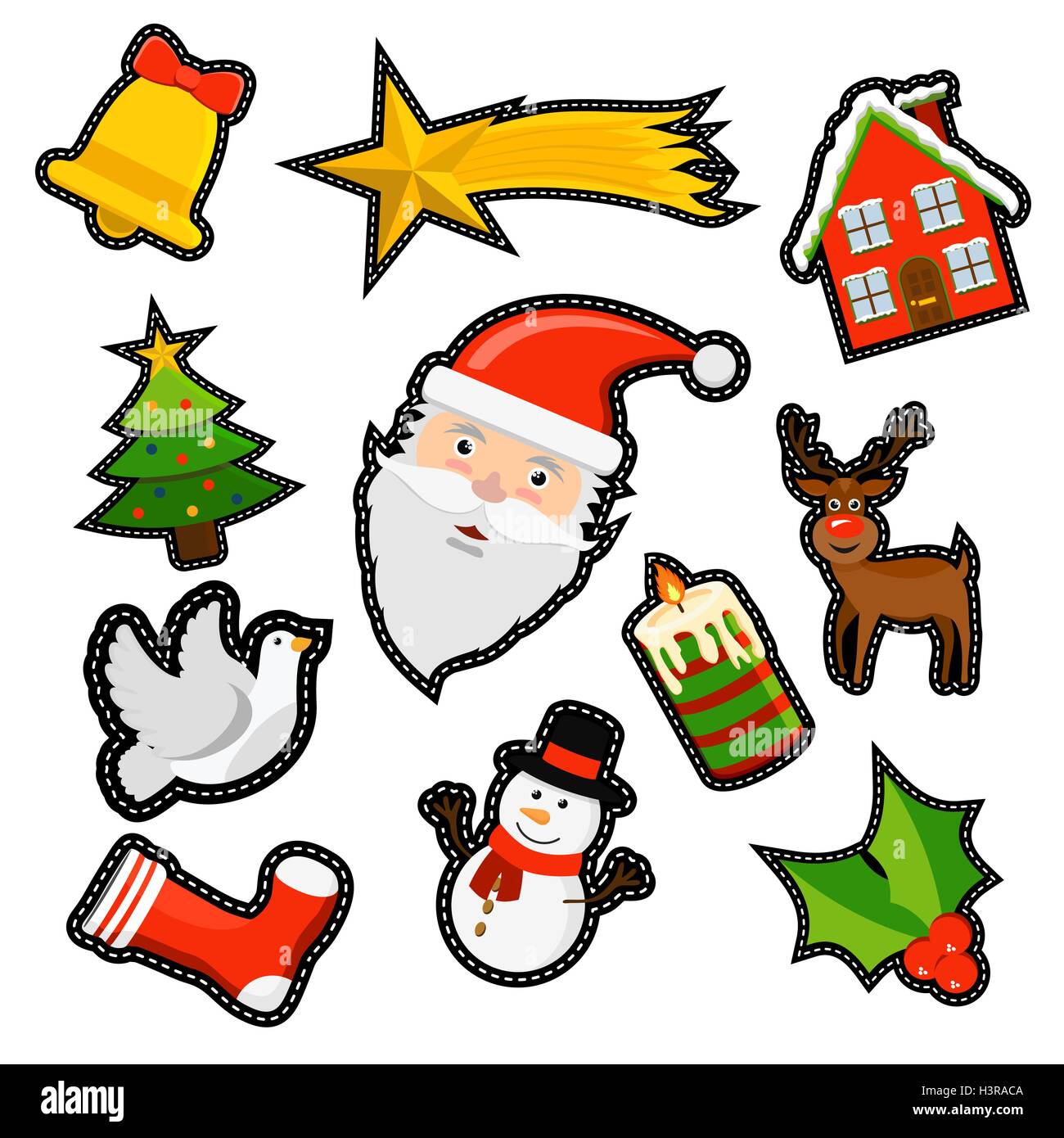 Joyeux Noël patch icon set des éléments de décoration de fête traditionnel. Pine Tree comprend, le Père Noël et les rennes. EPS10 Illustration de Vecteur