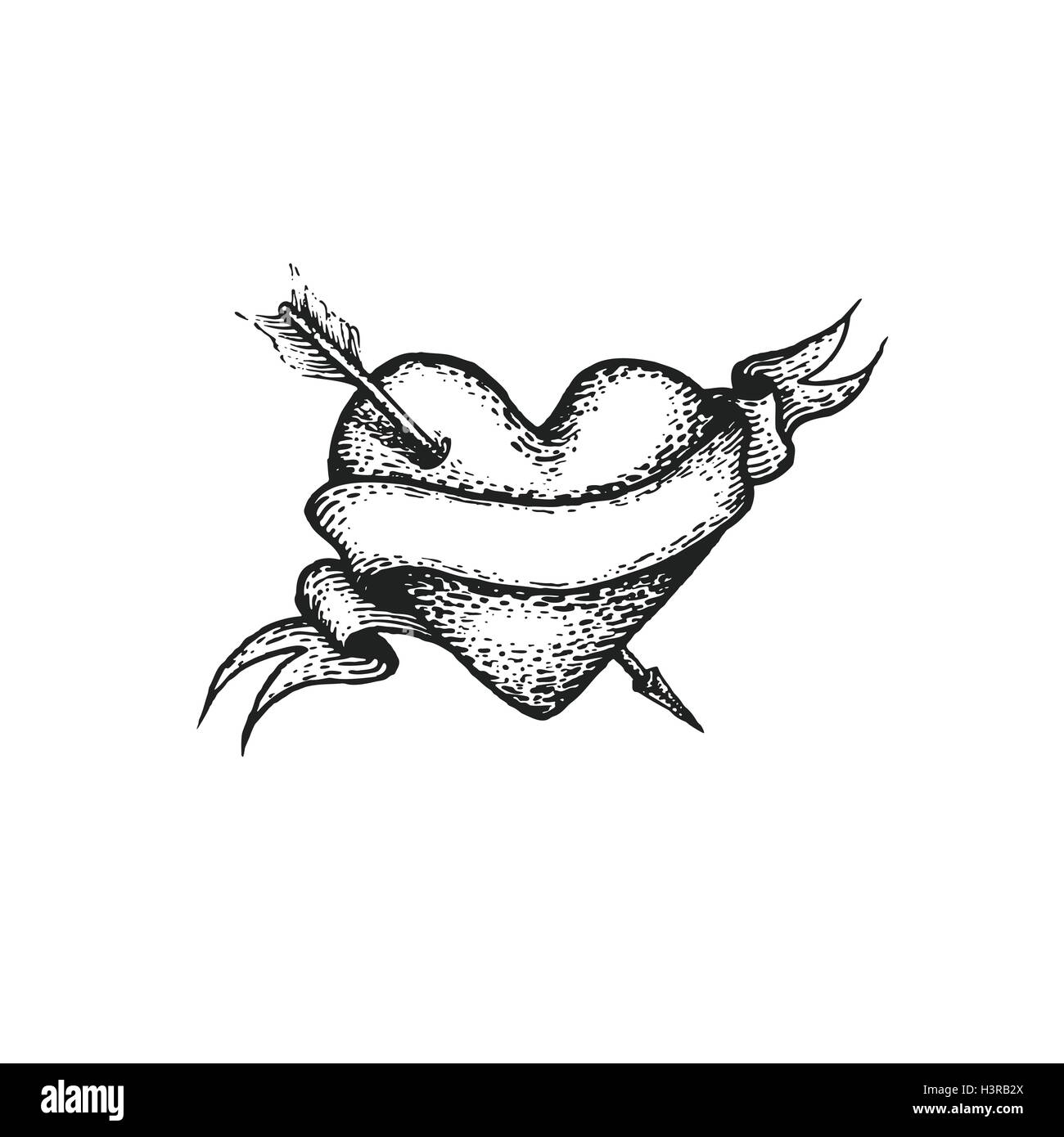 Vector black tattoo art travail dot dessinés à la main, gravure coeur valentines et flèche vide illustration isolé du ruban blanc Illustration de Vecteur