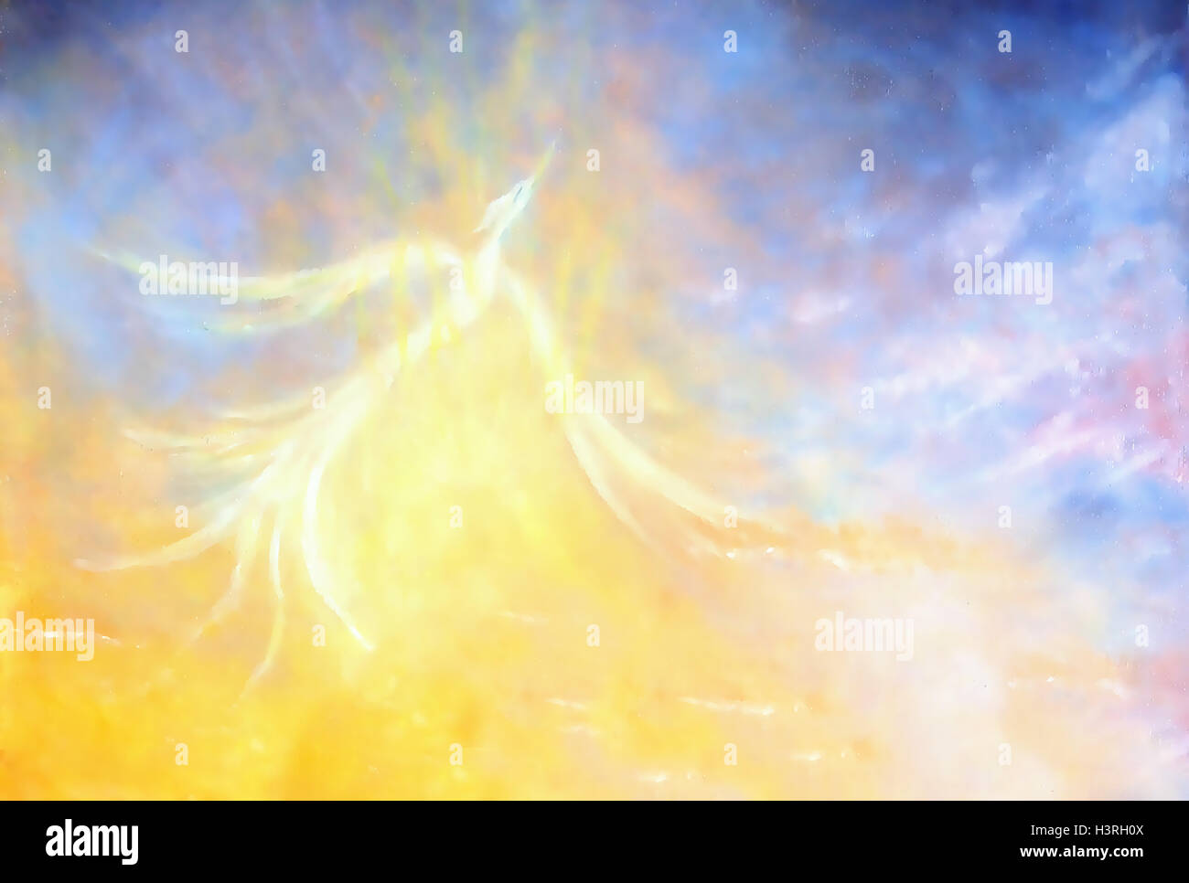 Phoenix bird flying dans le ciel, peinture collage graphique. Banque D'Images