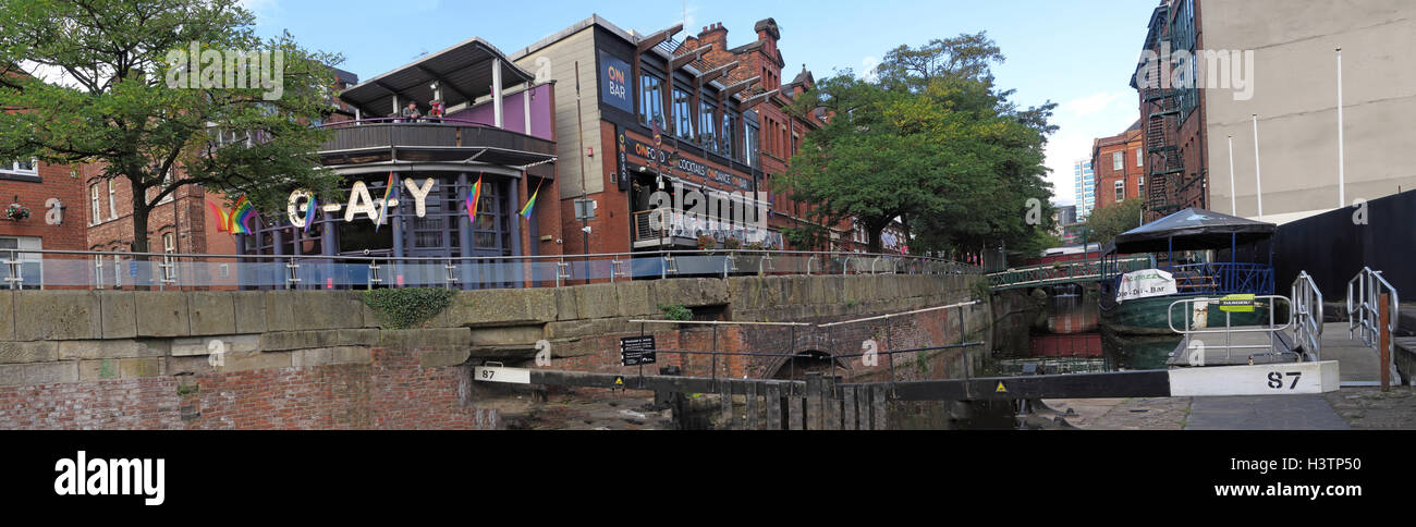 Canal St Manchester, Gay Village Panorama, Lancs, England, UK Banque D'Images