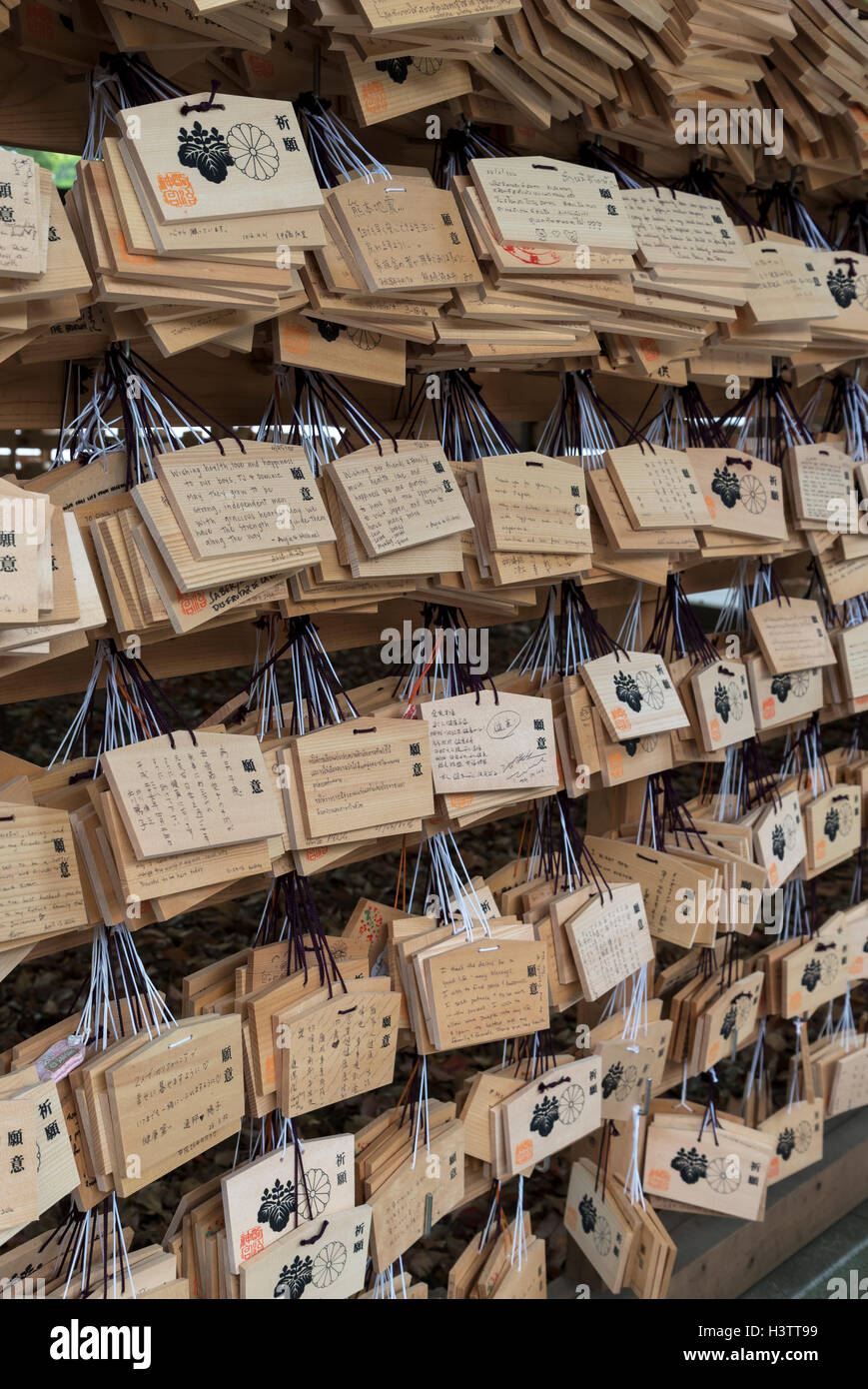 Ema en bois plaques souhaite à Meiji Jingu, Tokyo, Japon Banque D'Images